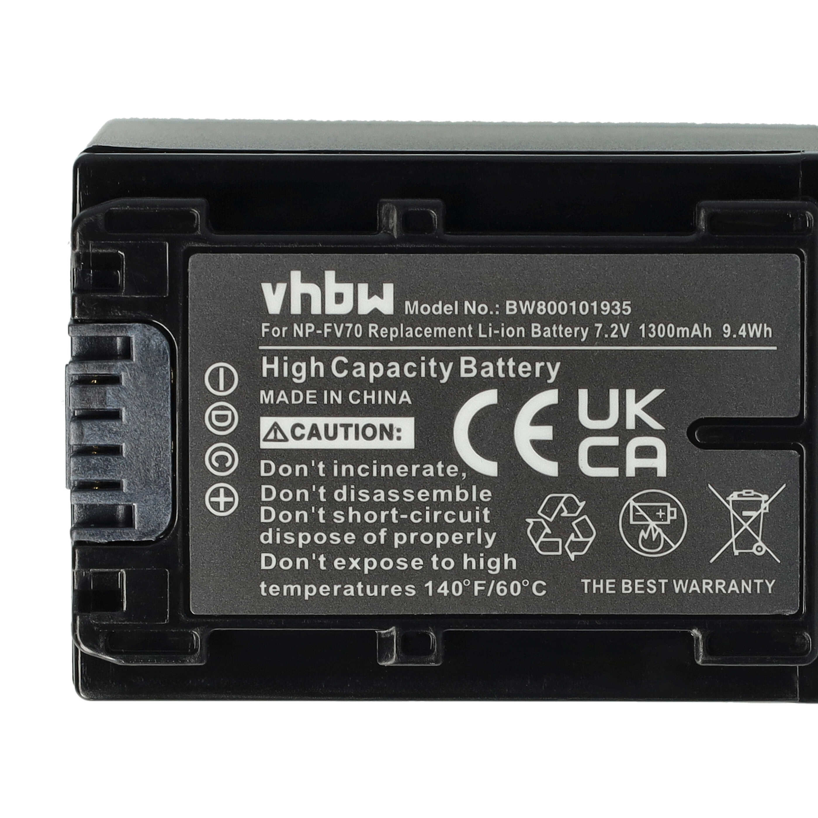 Ein schwarzer Akku mit Text wie 'High Capacity Battery', Modellinformationen und Sicherheitshinweisen.