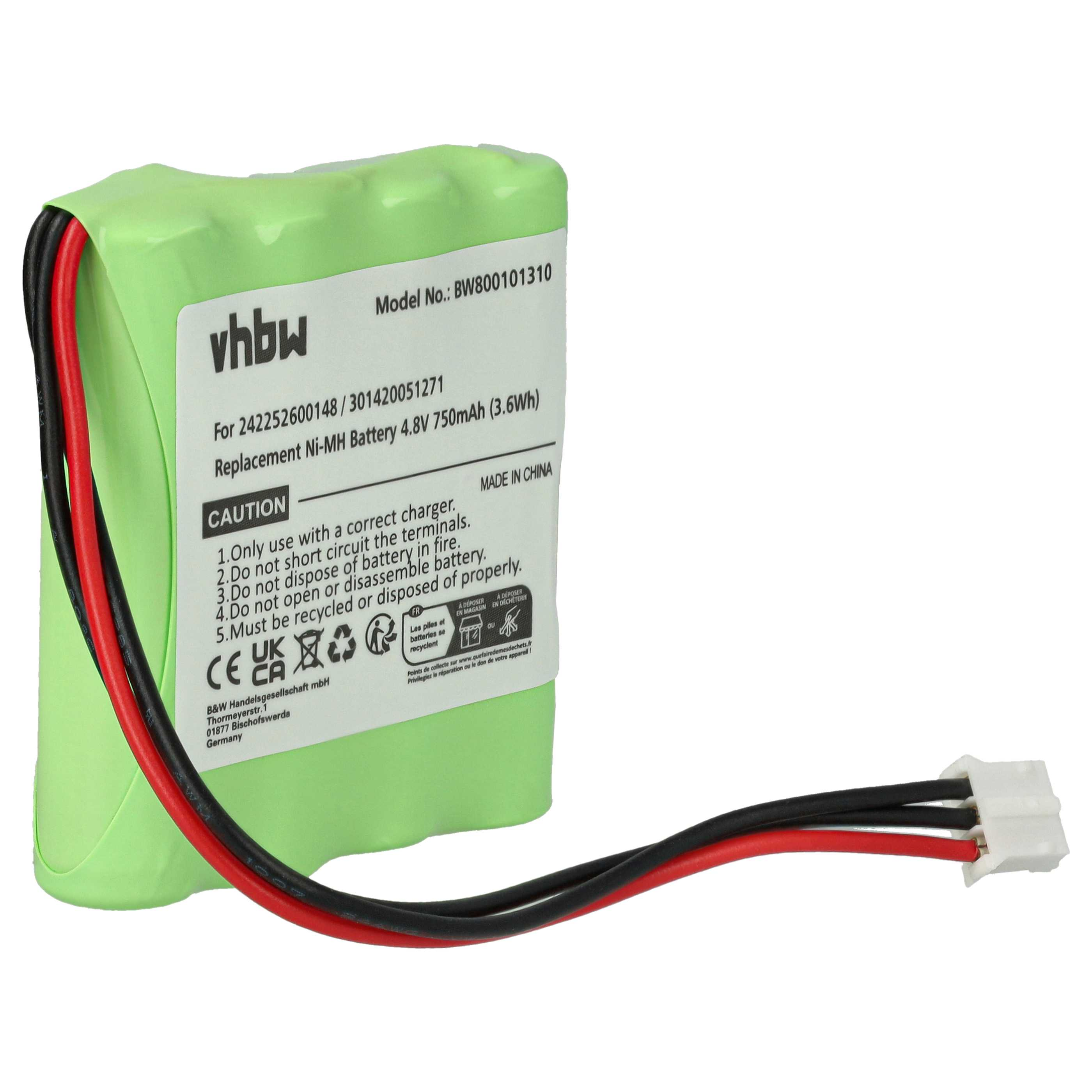 Ein grüner Akku mit schwarzen und roten Drähten und einem weißen Stecker. Es hat Etiketten mit Text und Recycling-Symbolen.