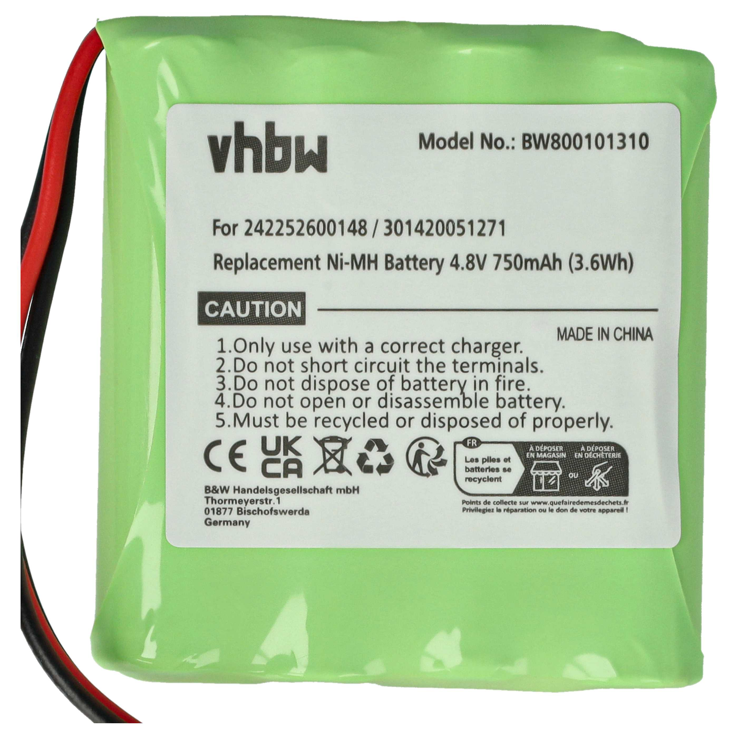 Ein grüner rechteckiger Akku mit Text. Er hat rote und schwarze Drähte. Das Etikett lautet vhbw, Modell BW800101310 und VORSICHT.