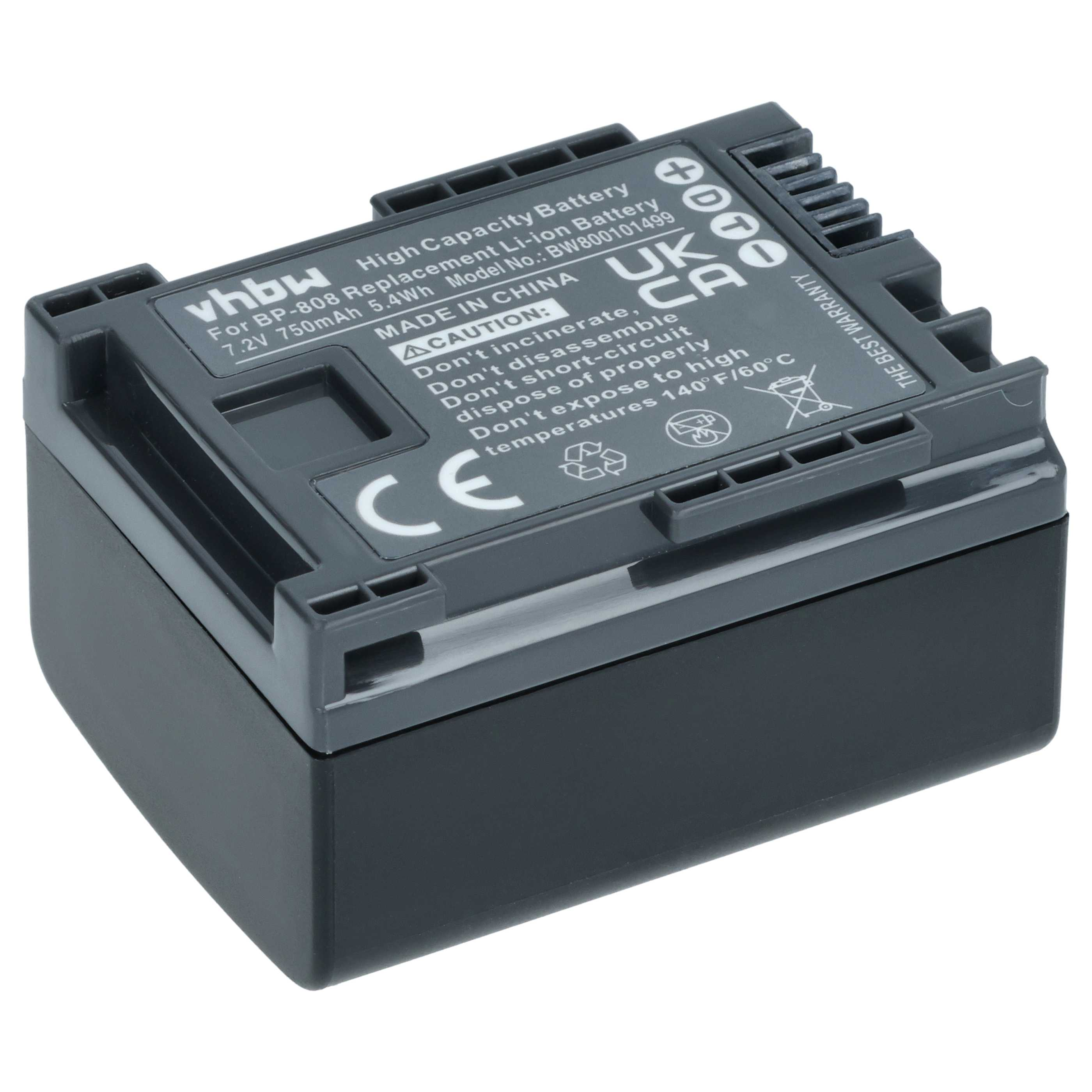 Ein grauer Akku mit Text, Warnhinweisen und Symbolen auf weißem Hintergrund. Es ist ein vhbw High Capacity Akku.