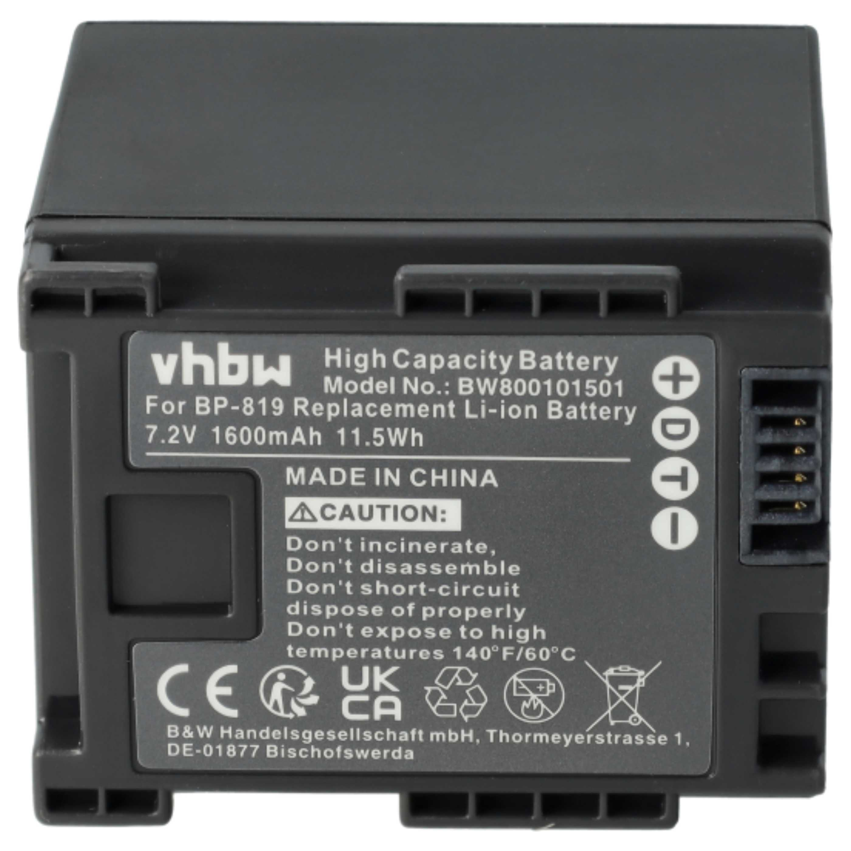 Schwarzer Akku mit weißem Text. Er enthält Warnungen und Spezifikationen. Die Marke ist vhbw. Es ist ein Ersatz-Li-Ionen-Akku.