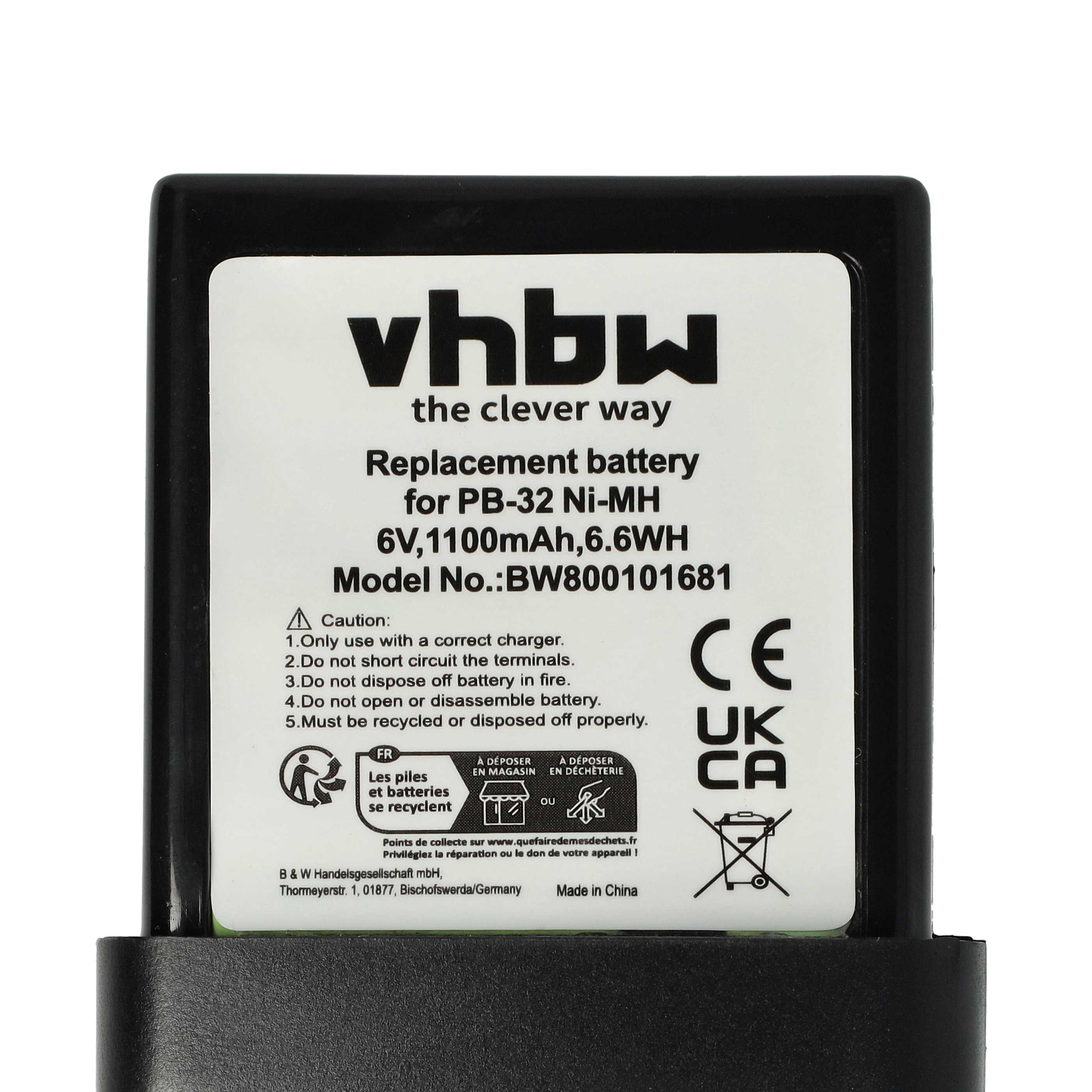 Eine schwarze vhbw-Ersatzbatterie für PB-32 Ni-MH, 6V, 1100mAh, mit Warnhinweisen und Recycling-Symbolen.