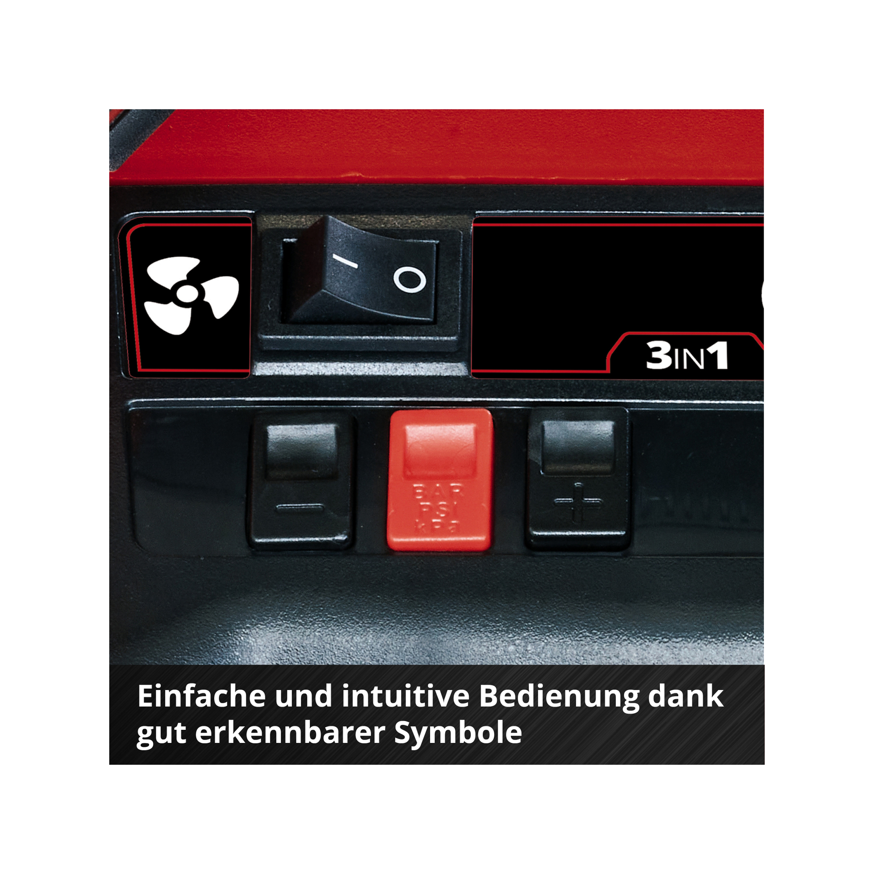 Pannello di controllo nero e rosso con simbolo ventola, interruttore on/off e pulsante rosso con BAR PSI KPA. Testo 3IN1 visibile.