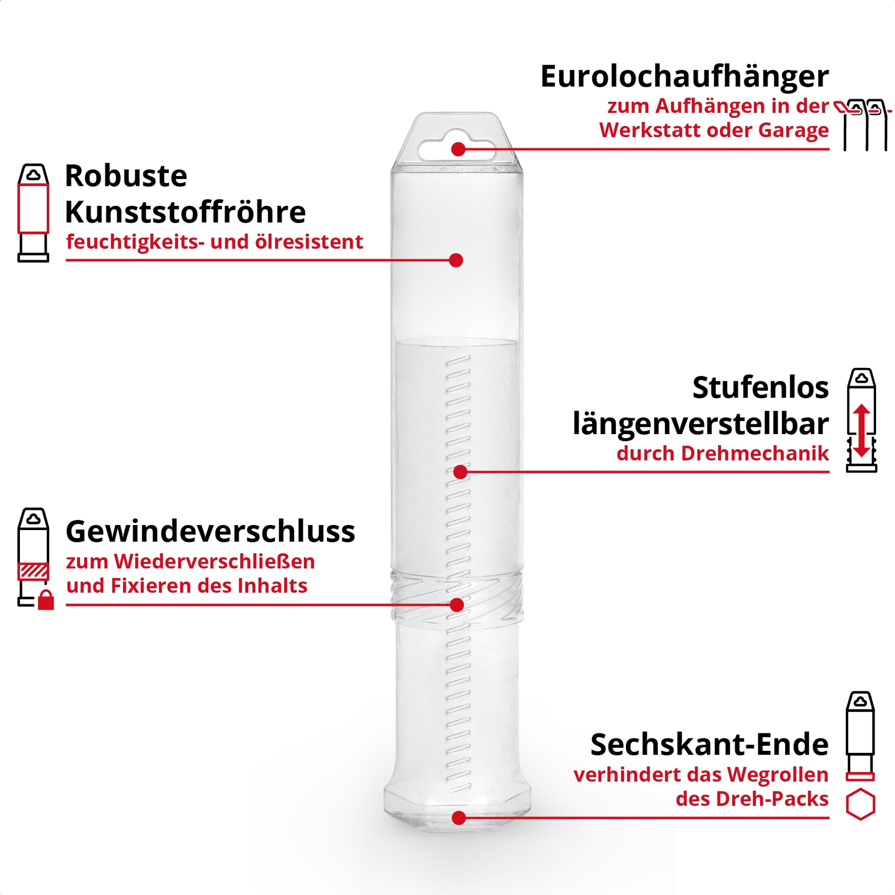 Transparente Kunststoffröhre mit roten Markierungen und Texten zu Merkmalen wie Gewindeverschluss und verstellbarer Länge.
