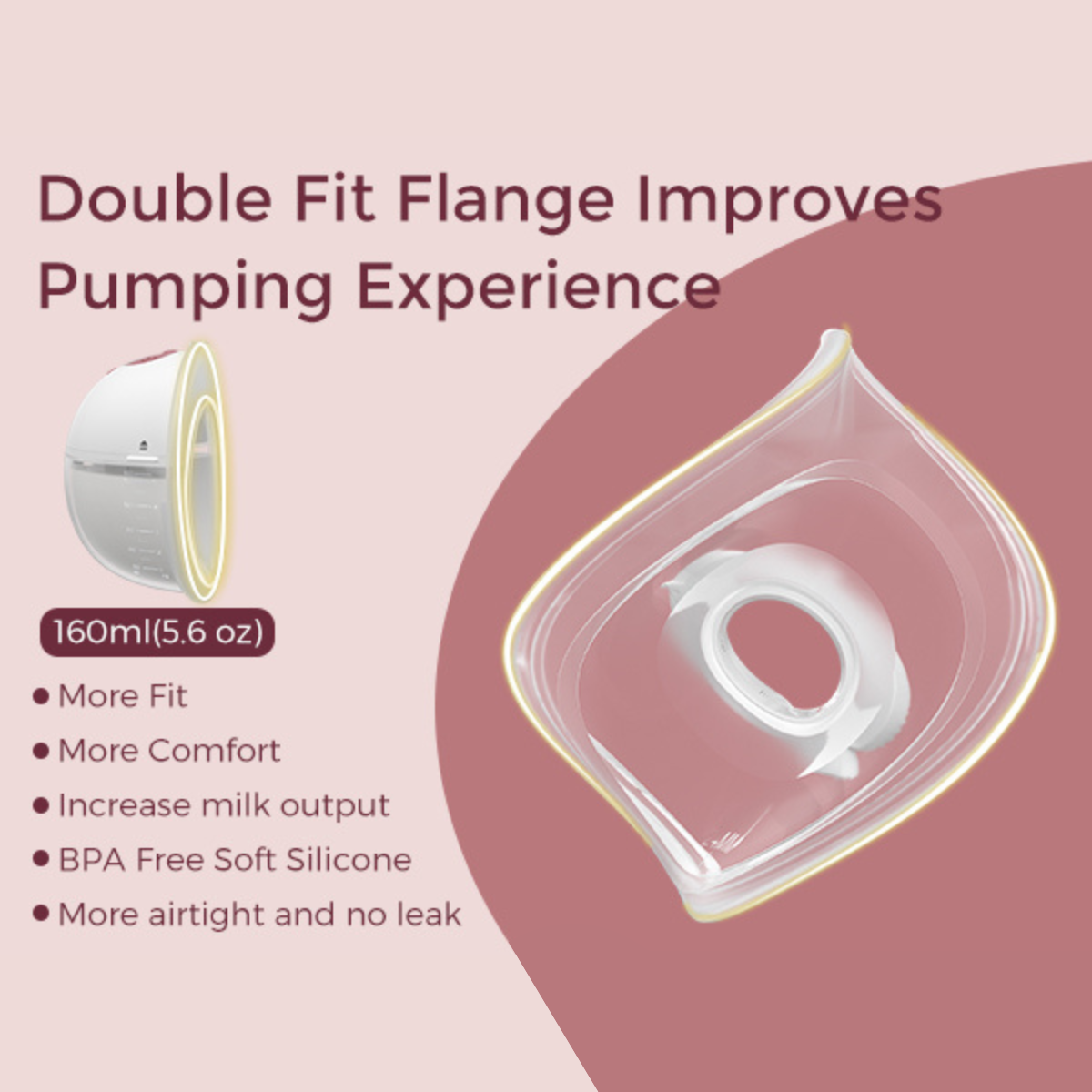 Obraz przedstawia laktator z kołnierzem o podwójnym dopasowaniu. Tekst podkreśla korzyści: lepsze dopasowanie, komfort, wydajność mleka, silikon bez BPA i szczelność.