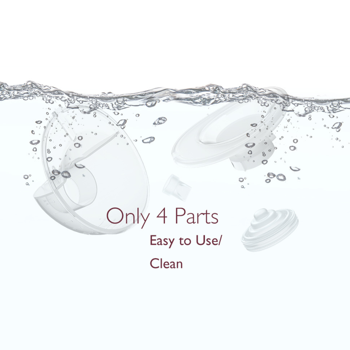 Cztery przezroczyste, rozłożone części laktatora zanurzone w wodzie. Pęcherzyki unoszą się wokół. Tekst: Tylko 4 części, łatwe w użyciu/czyszczeniu.