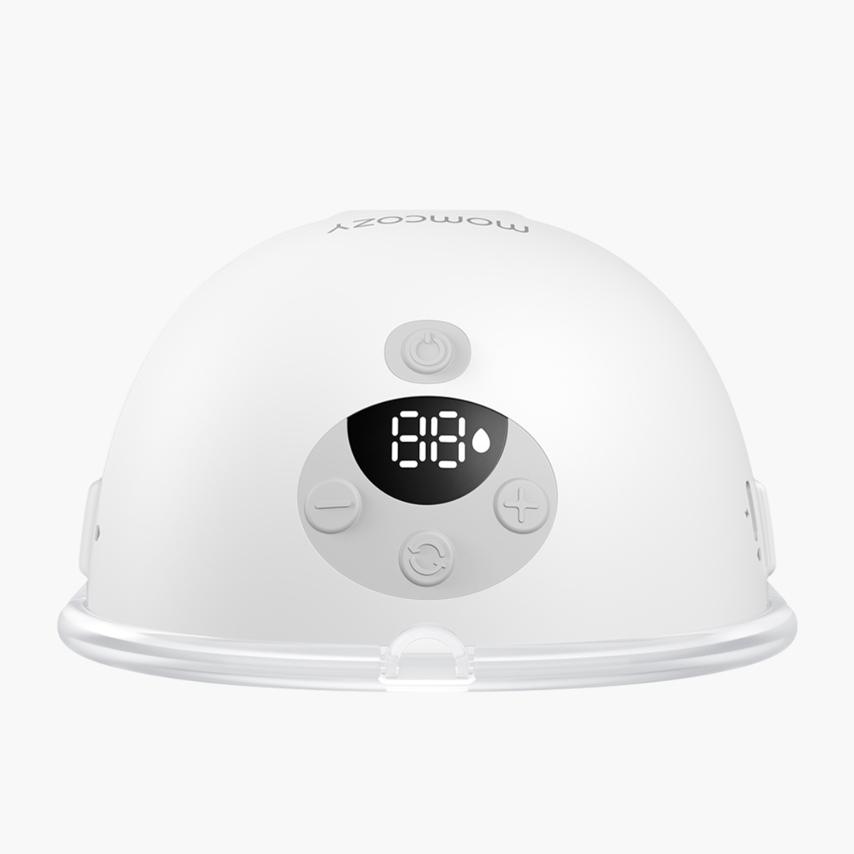 White breast pump with digital display showing '88'. Has buttons and a clear flange. The brand name, momcozy, is on top.