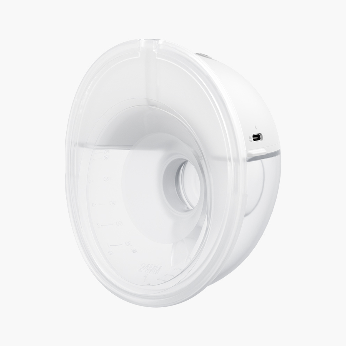 A white breast pump with a transparent funnel. The pump has a USB port. Clear markings and measurements are visible on the funnel.