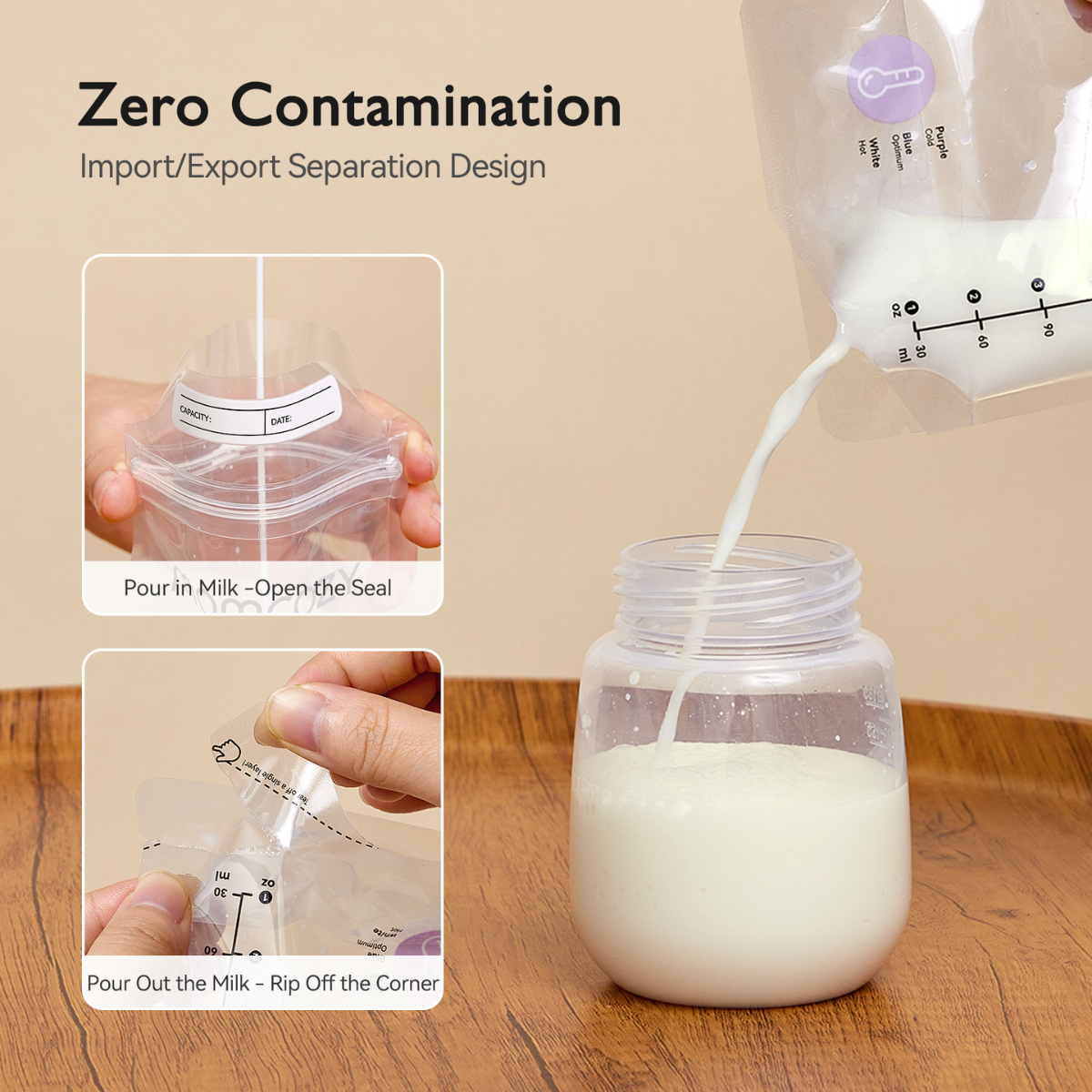 Milch wird aus einem Beutel in eine Flasche gegossen. Der Beutel hat Etiketten, die Flasche ist transparent. Text: Zero Contamination.