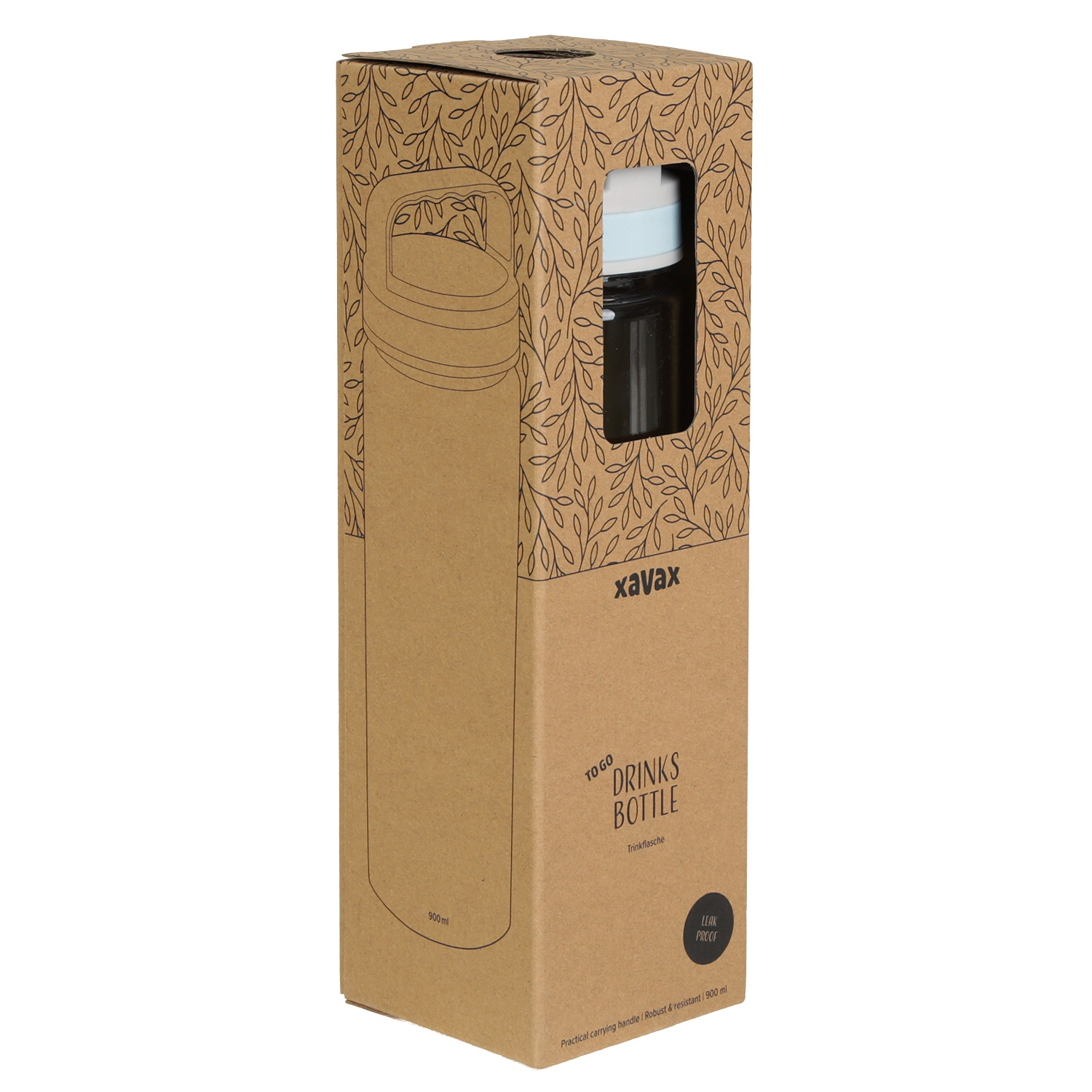 Ein brauner Karton mit einer Wasserflasche. Die Box hat ein Blattmuster und den Text 'DRINKS BOTTLE'.