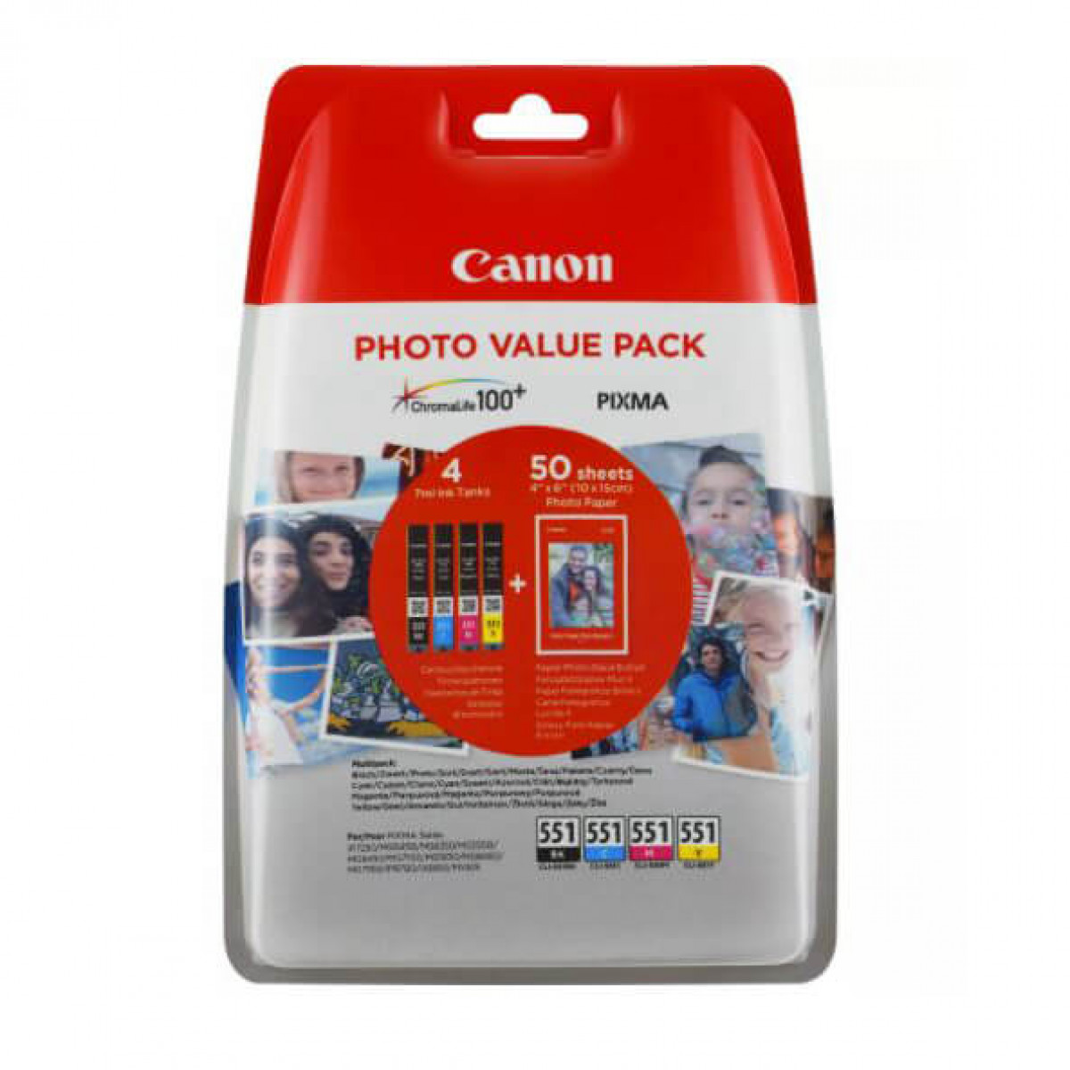 Confezione valore foto Canon. La confezione contiene 4 serbatoi d'inchiostro e 50 fogli di carta fotografica. Il formato è 4x6 pollici.