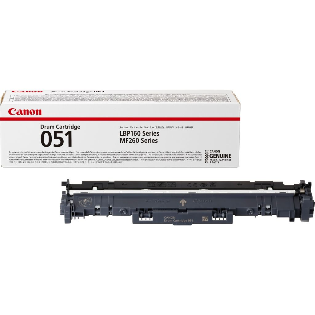 Canon Drum Cartridge 051 box and a printer toner cartridge. The box is white and red. The cartridge is black and gray.