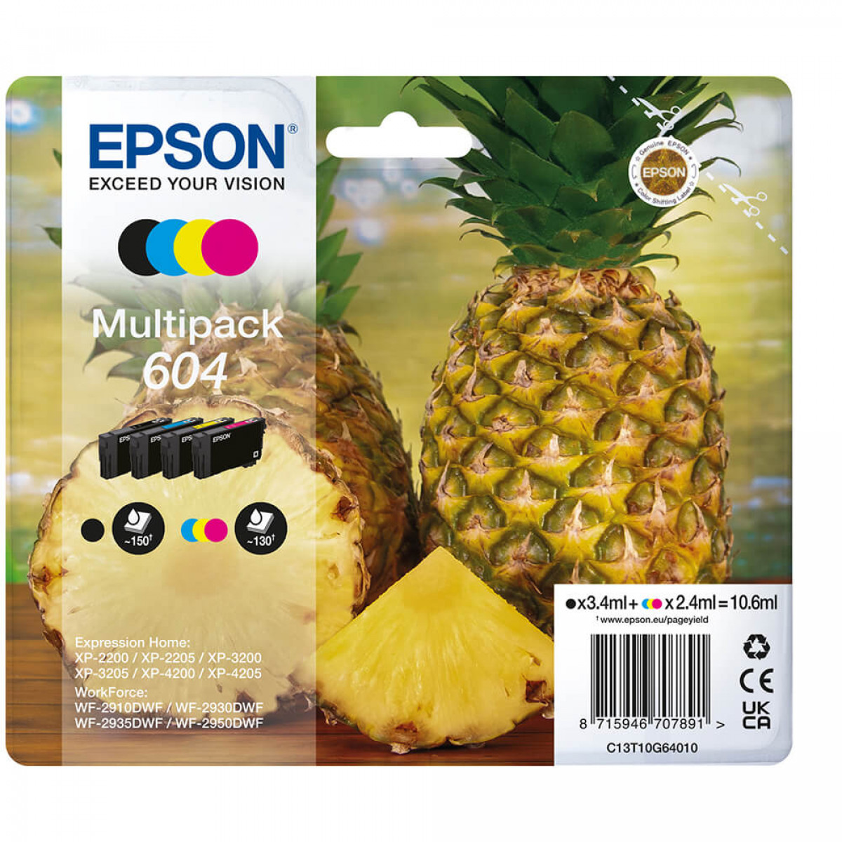 Opakowanie wkładów atramentowych Epson z ananasami. Opakowanie pokazuje kolory tuszu i modele drukarek, ananas jest pokrojony.