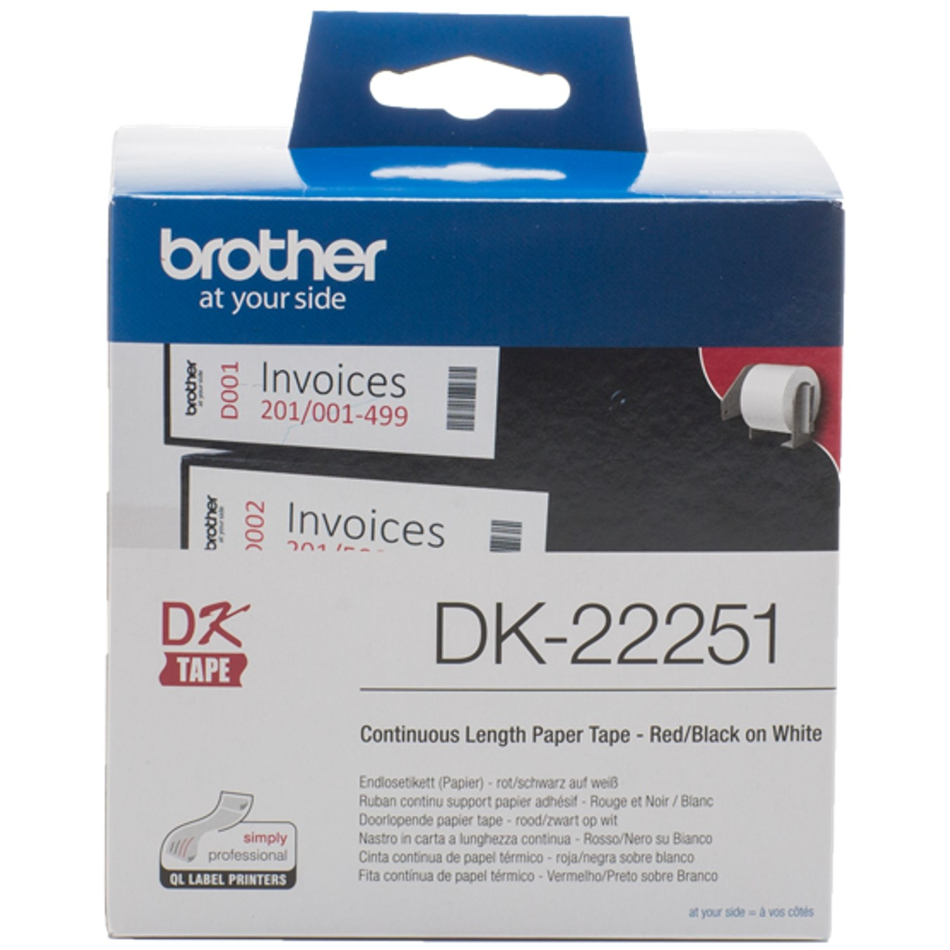 Una caja de cinta de etiquetas Brother. Es blanca, azul y negra, con texto: DK-22251, facturas y detalles del producto.