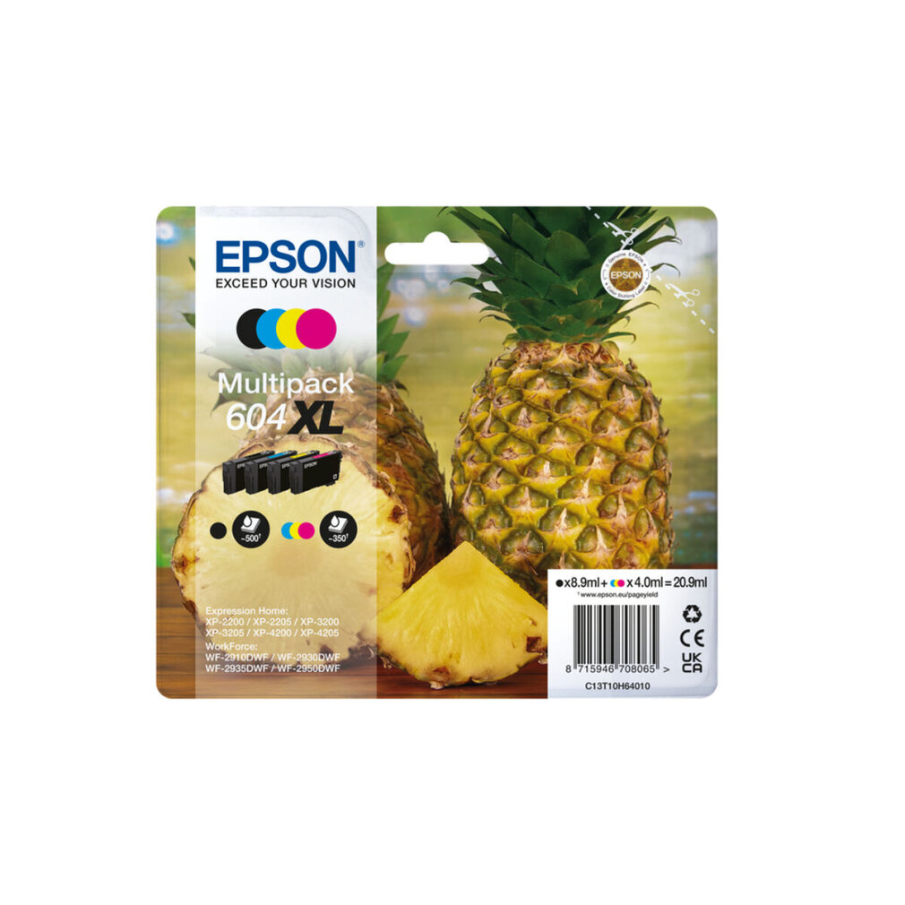 Un pack de cartouches d'encre Epson avec des ananas. Un ananas est coupé. Le pack montre les couleurs d'encre et les modèles d'imprimantes.