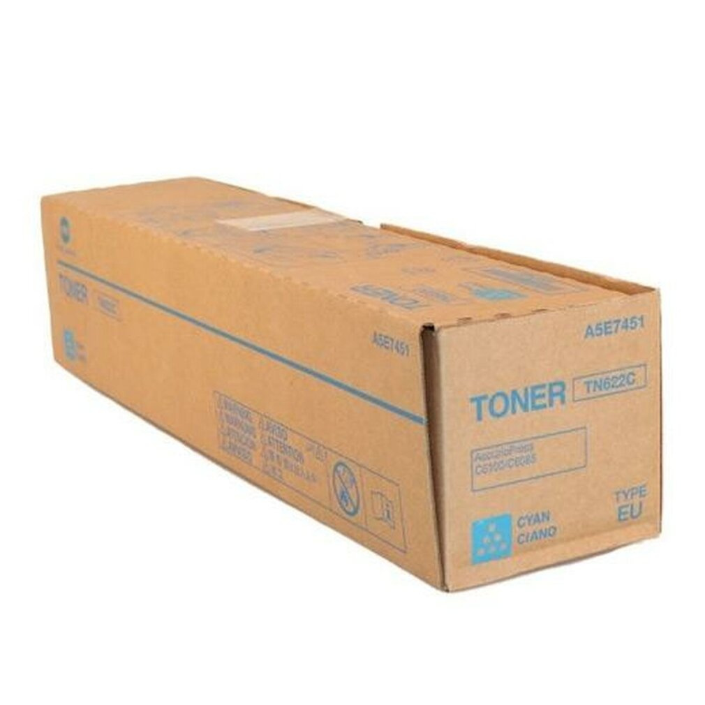 Una scatola di cartone di toner. È marrone chiaro, con l'etichetta "TONER" e "CYAN". La scatola ha testo blu e si trova su sfondo bianco.