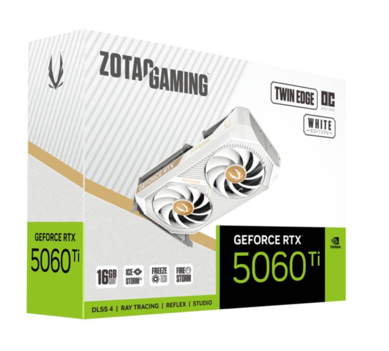 Karta graficzna Zotac Gaming GeForce RTX 5060 Ti w białym pudełku. Pudełko ma białe i złote akcenty oraz zdjęcie karty.