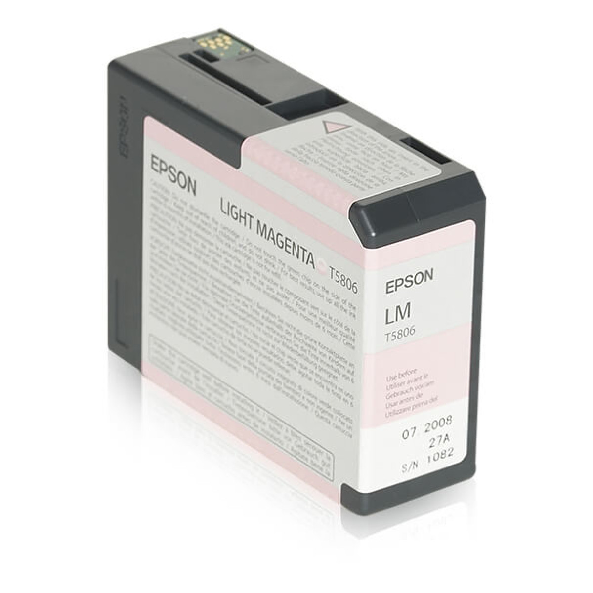 Eine Epson Light Magenta T5806 Tintenpatrone. Sie hat eine schwarze Oberseite und Seiten mit pinkfarbenen und weißen Etiketten.