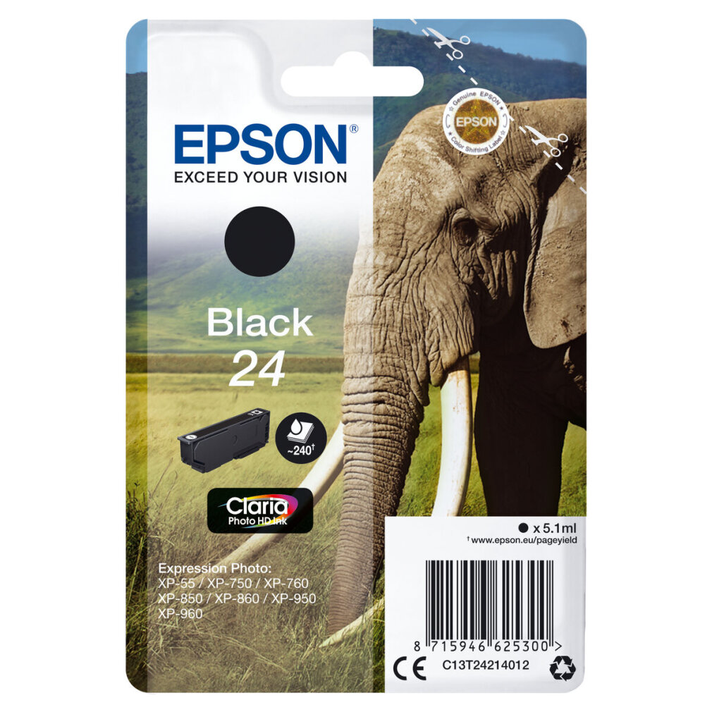 Epson Tintenpatronenverpackung mit einem Elefanten im Hintergrund. Sie enthält schwarze Tinte mit Produktdetails und Modellnummern.