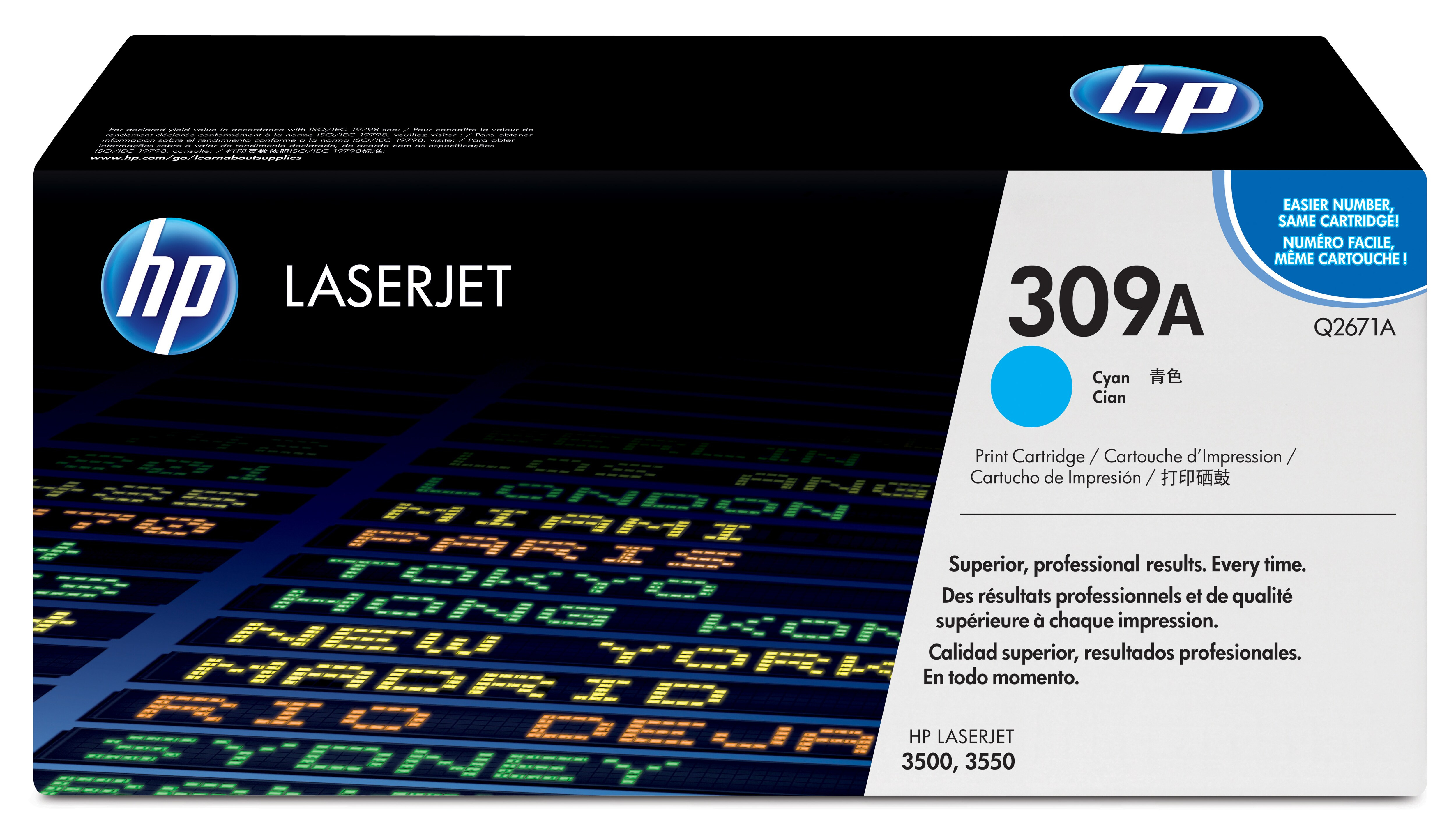 Eine HP LaserJet 309A Cyan-Tonerpatronenbox. Enthält Produktinformationen, einen cyanfarbenen Kreis und Flughafen-Hintergrund.
