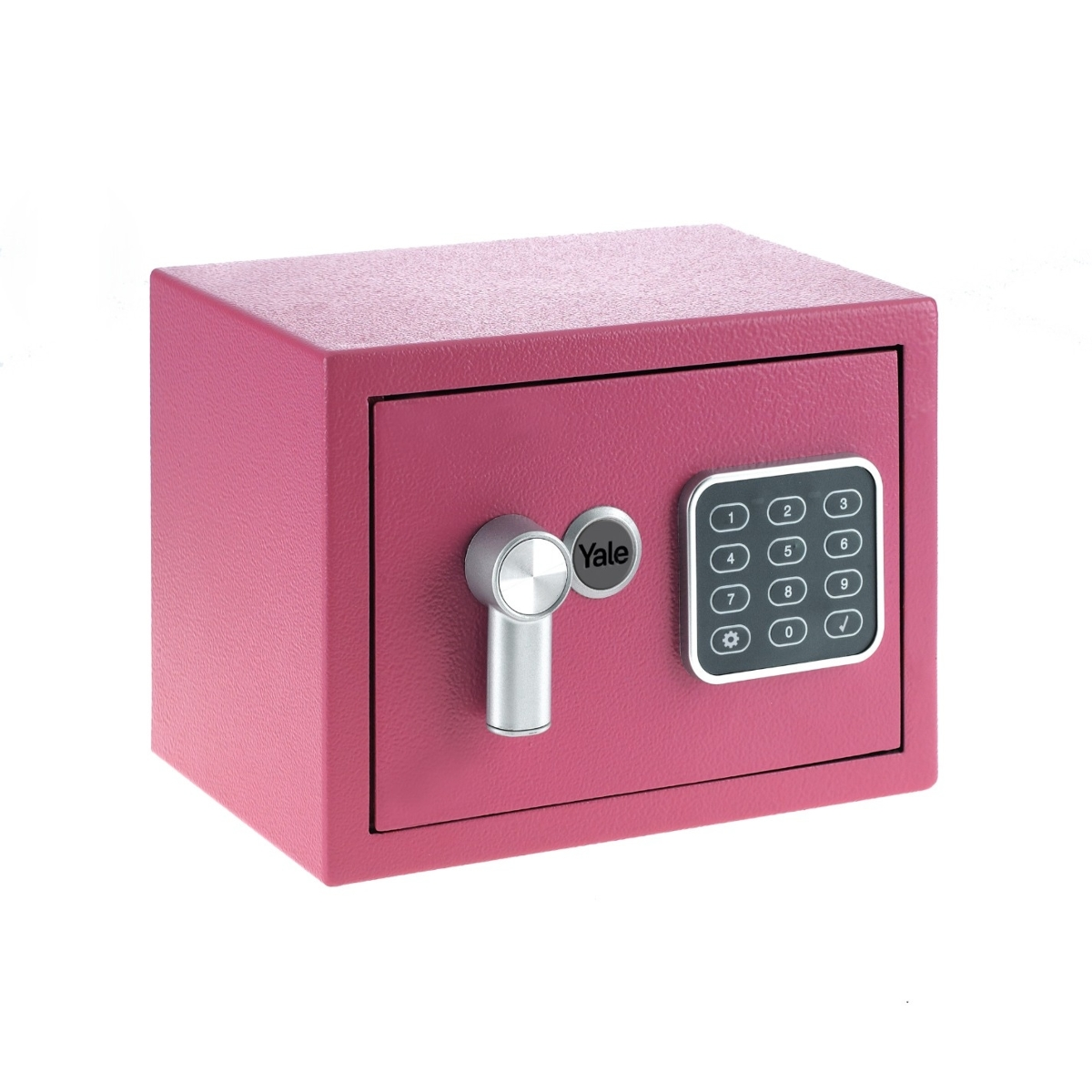 Una cassaforte Yale rosa con tastierino digitale e maniglia argentata, su sfondo bianco.