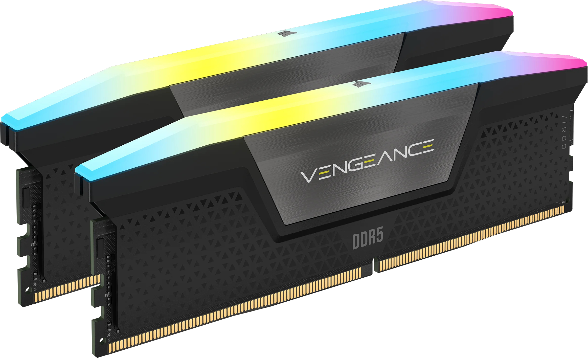 Dwa moduły RAM Corsair Vengeance DDR5. Czarne z podświetleniem RGB i widocznymi logami Vengeance i DDR5.