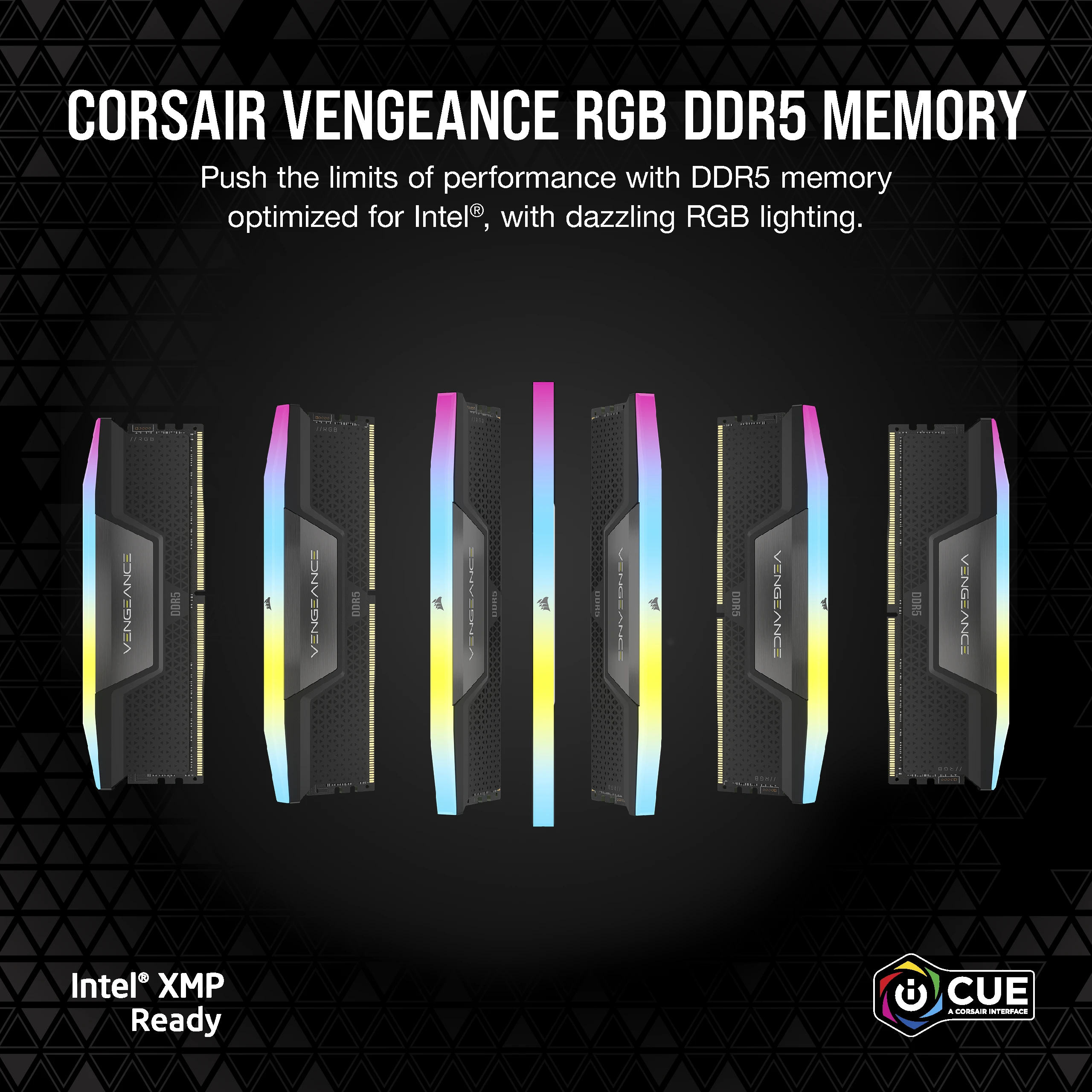 Obraz przedstawia moduły pamięci Corsair Vengeance RGB DDR5 z kolorowym oświetleniem na ciemnym tle.