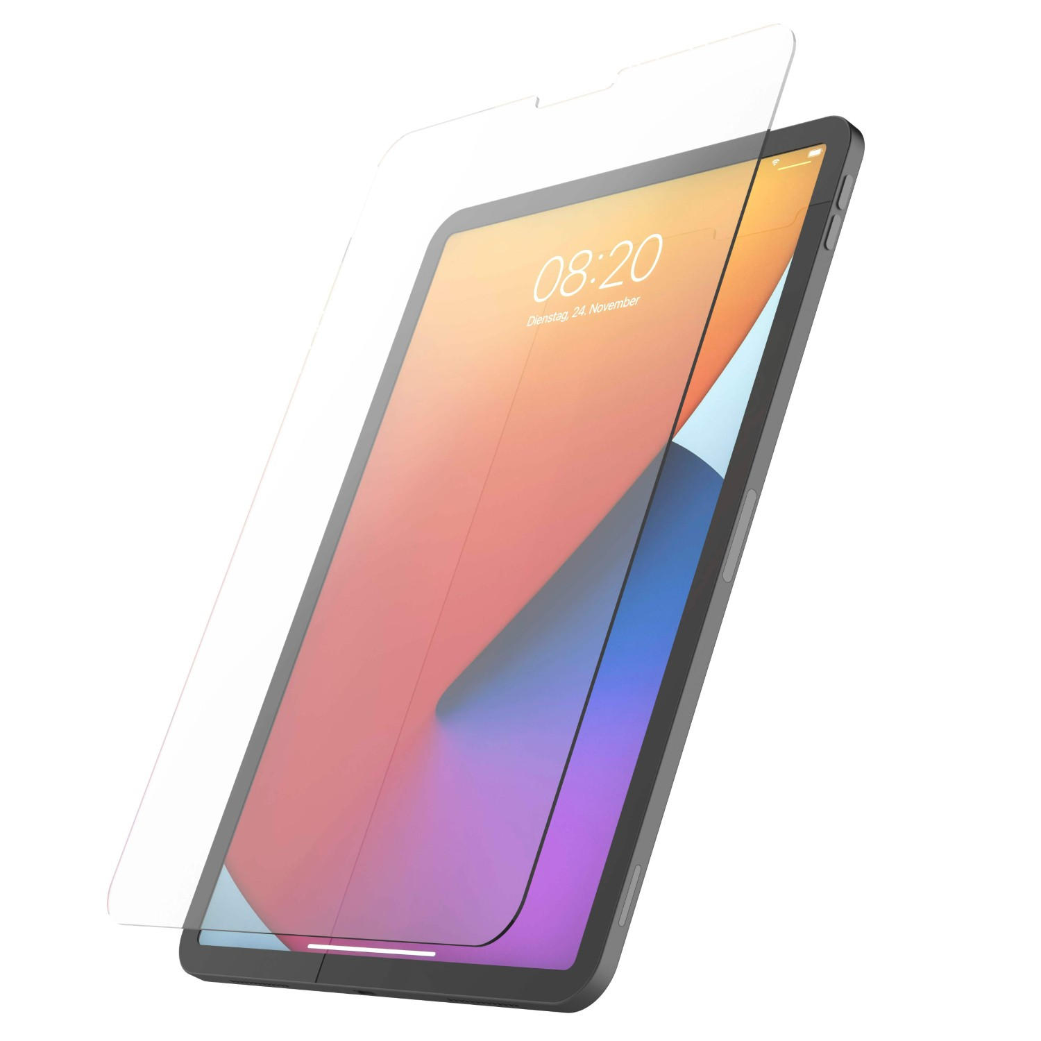 Ein iPad mit Displayschutzfolie. Der Bildschirm zeigt 08:20 Uhr und Dienstag, 24. November.