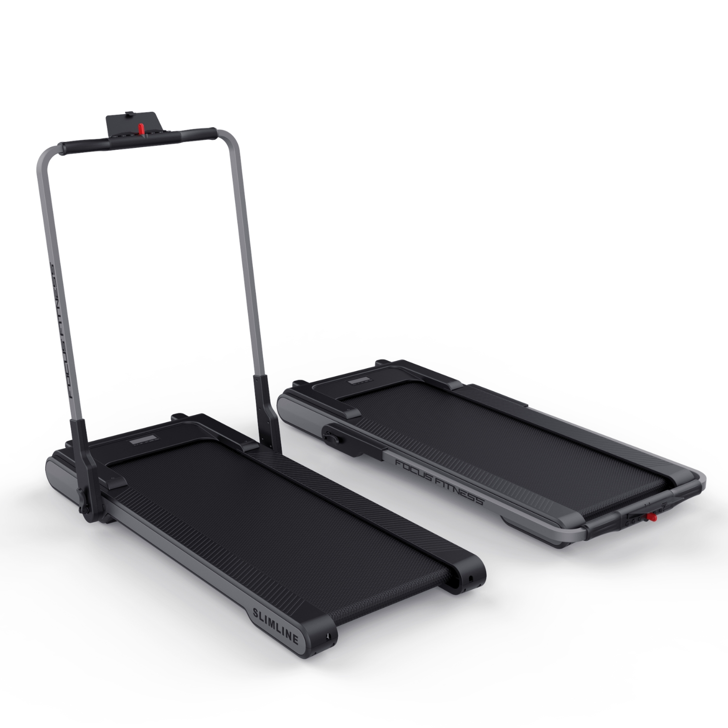 Two treadmills, one upright with a handle and the other flat. Both are black and gray on a white background.