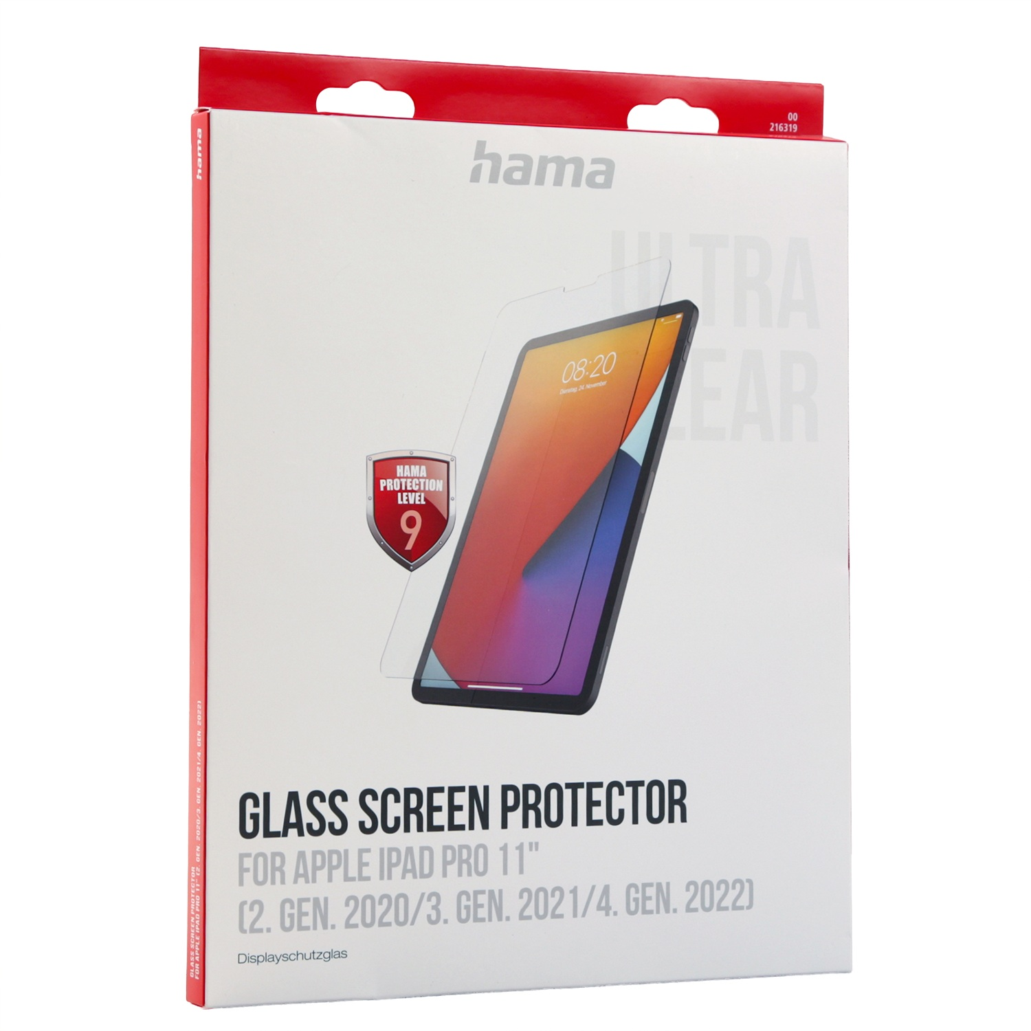 Eine Displayschutzfolienbox für das iPad Pro 11". Sie hat einen roten Deckel, den Markennamen "hama" und ein Bild eines iPads mit der Uhrzeit 08:20.