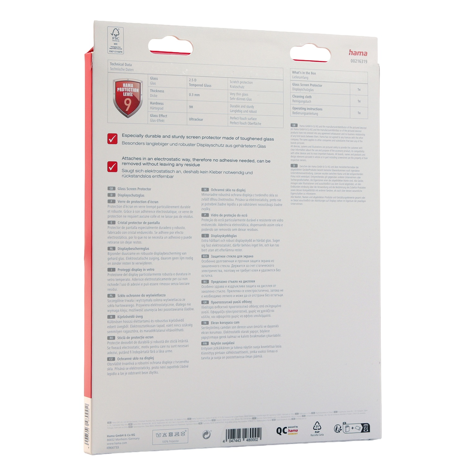 Weiß-rotes Hama-Paket. Text enthält 'Glass Screen Protector', Details und Logos.