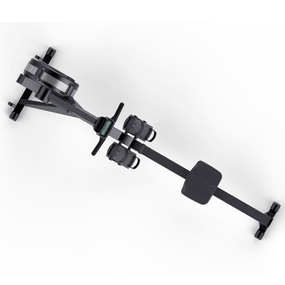 A black rowing machine is viewed from above. It has a seat, footrests, and a digital display. The background is plain white.