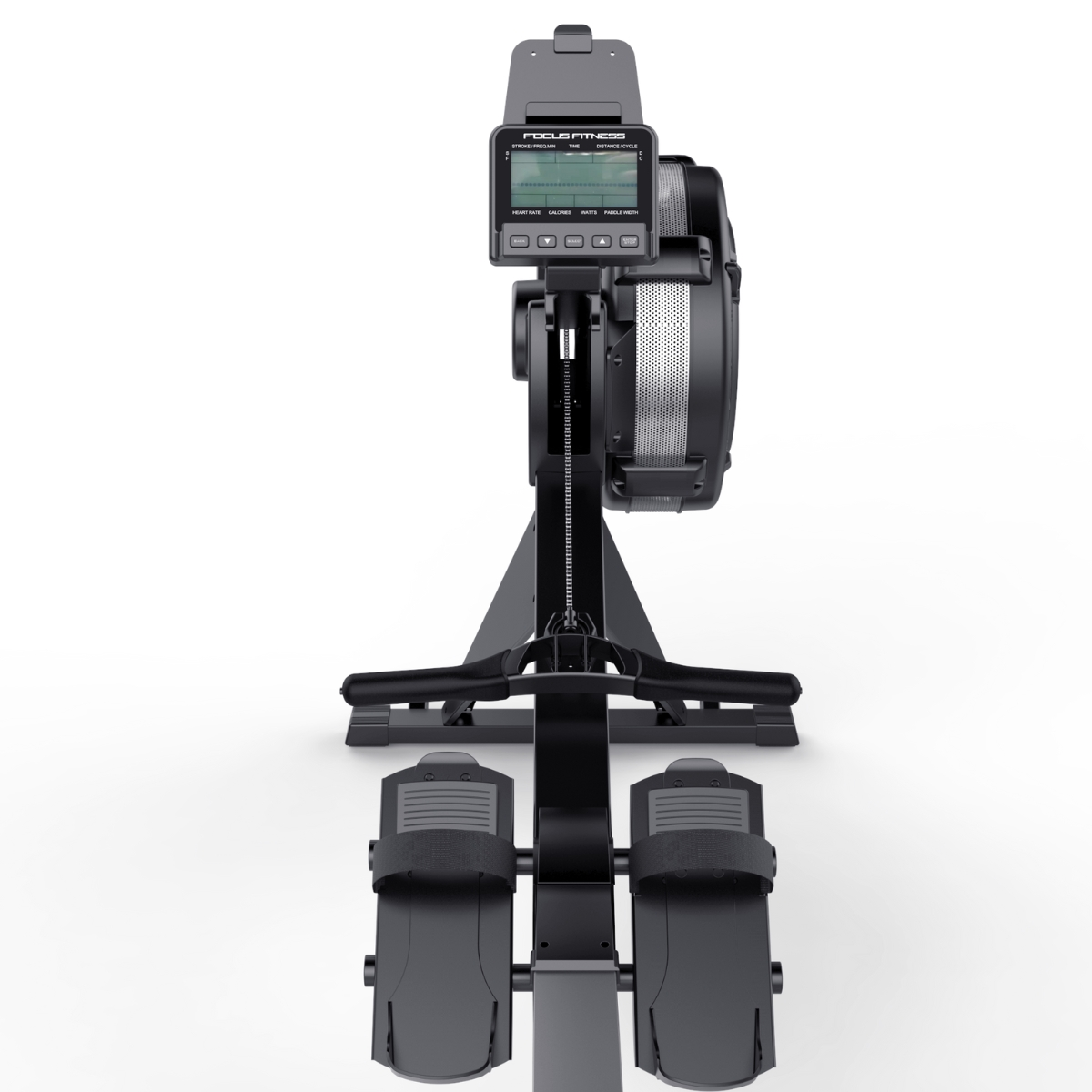 A black Focus Fitness rowing machine. The screen shows workout data. Footrests are at the bottom. The background is white.