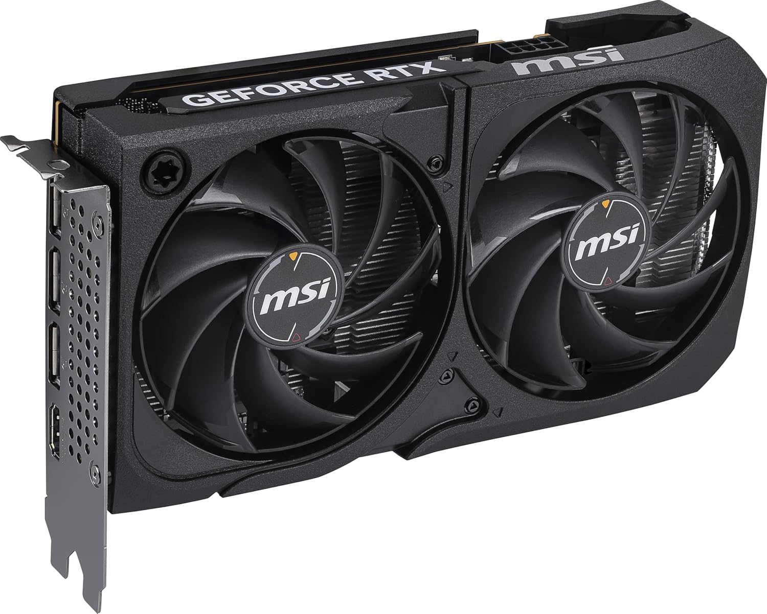 Scheda grafica MSI GeForce RTX nera. Due ventole con logo MSI, staffa argentata con porte e dissipatore di calore visibile.