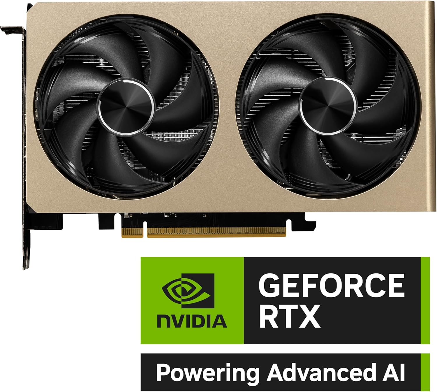İki fanlı bir grafik kartı. Yeşil Nvidia logosu, GeForce RTX metni ve 'Powering Advanced AI' görünür.