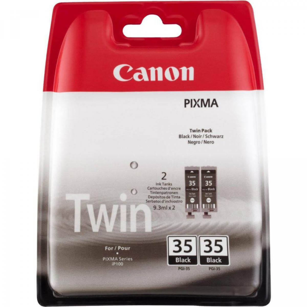 Eine Canon PIXMA Tintenpatronenpackung. Es ist ein Doppelpack, schwarze Tinte. Die Verpackung ist rot und weiß, mit schwarzem Text.