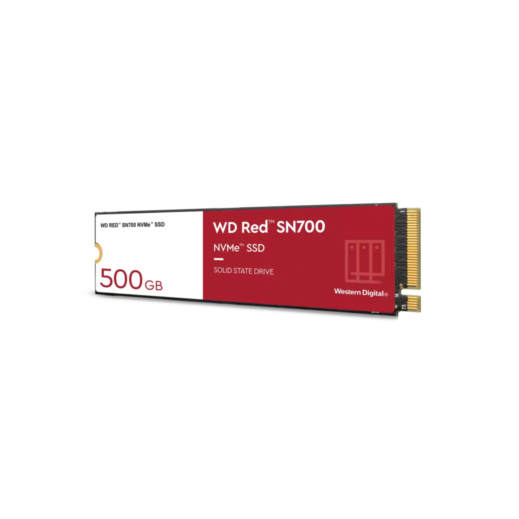 WD Red SN700 NVMe SSD. Czerwono-czarny dysk SSD o pojemności 500 GB, logo Western Digital, na białym tle.