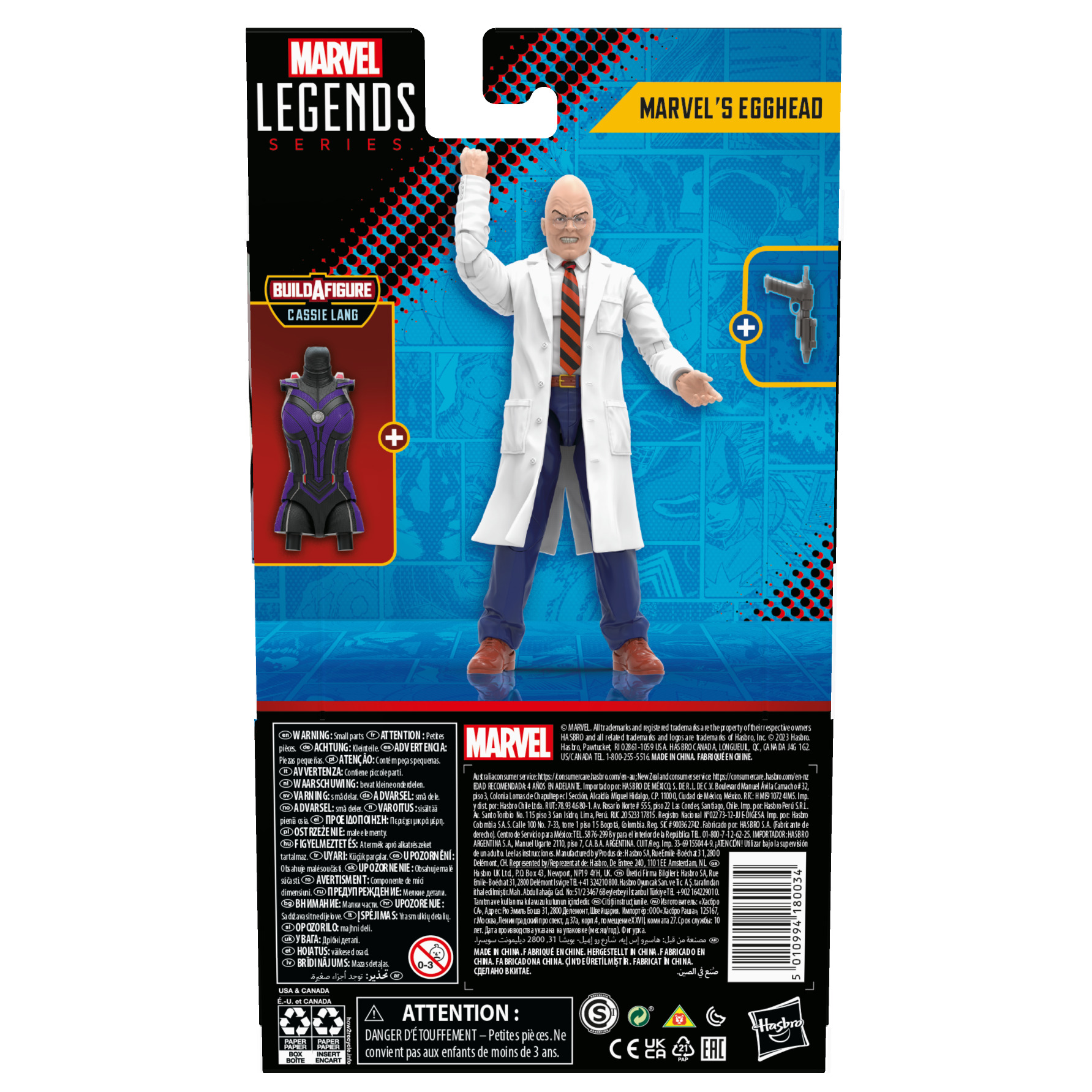 Figura de acción de Egghead, un hombre calvo con bata blanca, corbata roja y pantalón azul. Incluye una pistola.