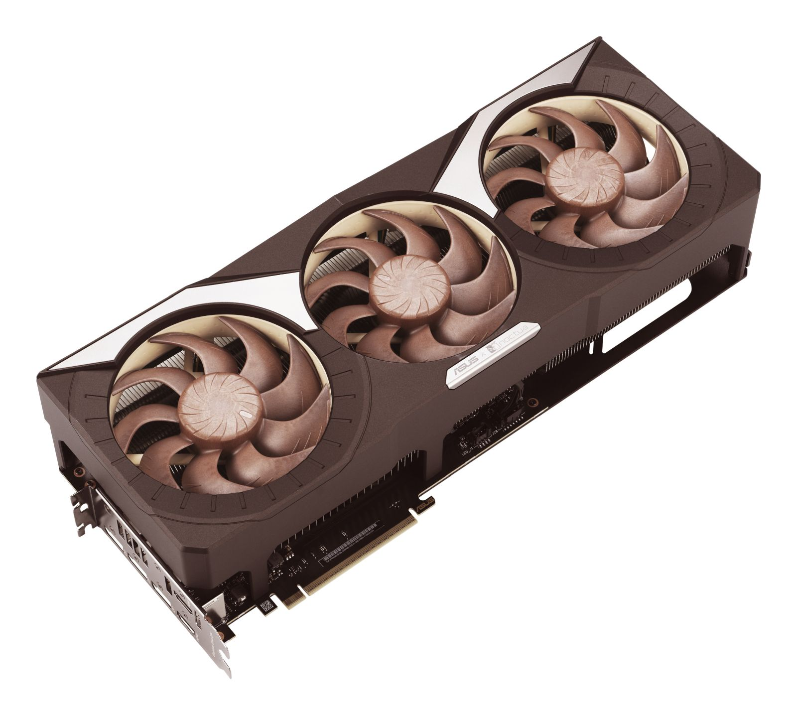 A computer graphics card with three brown fans. The card is dark brown with white accents, and is isolated on white.