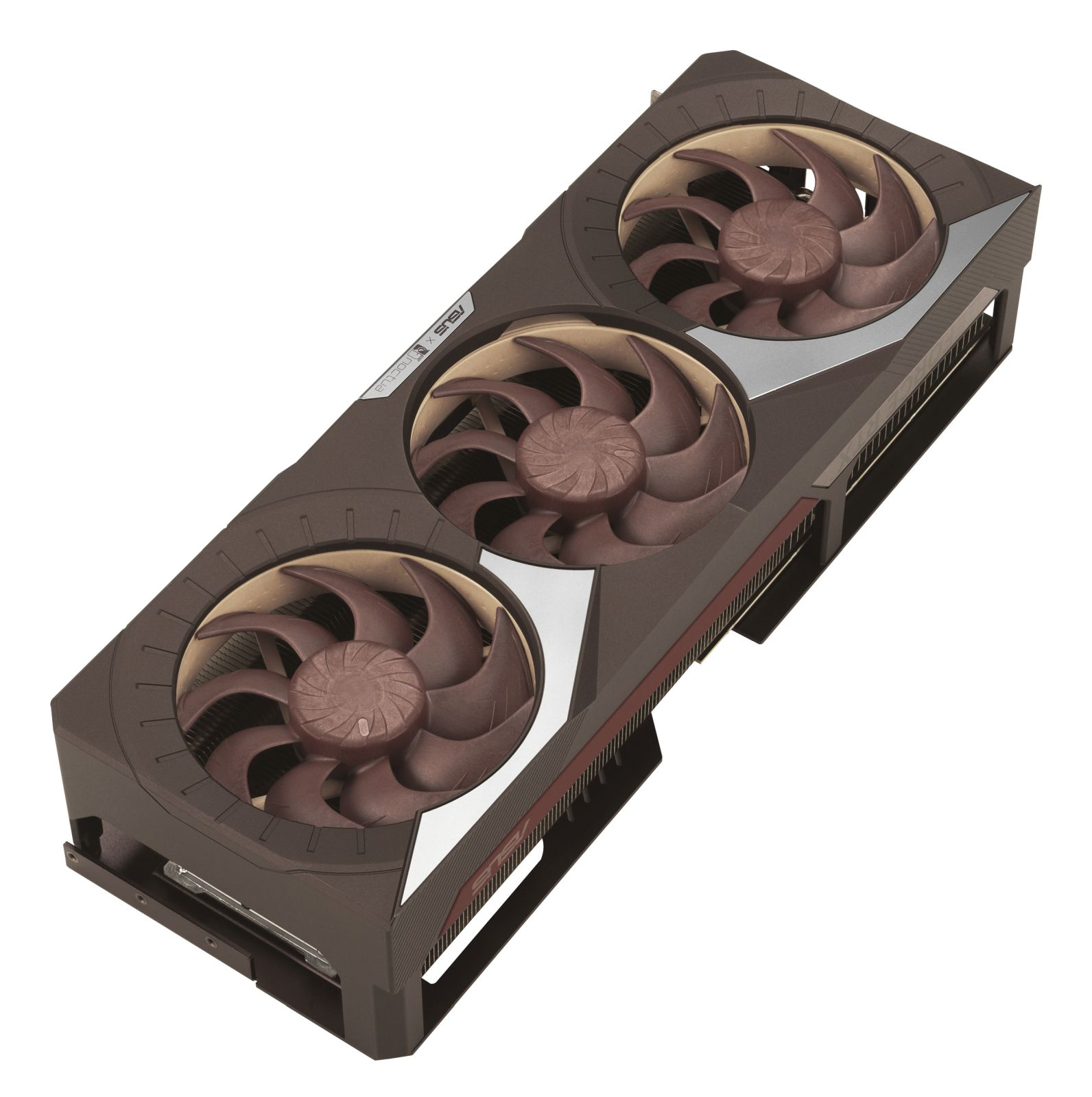 A brown and beige graphics card with three fans, the ASUS logo is visible, and a white background.