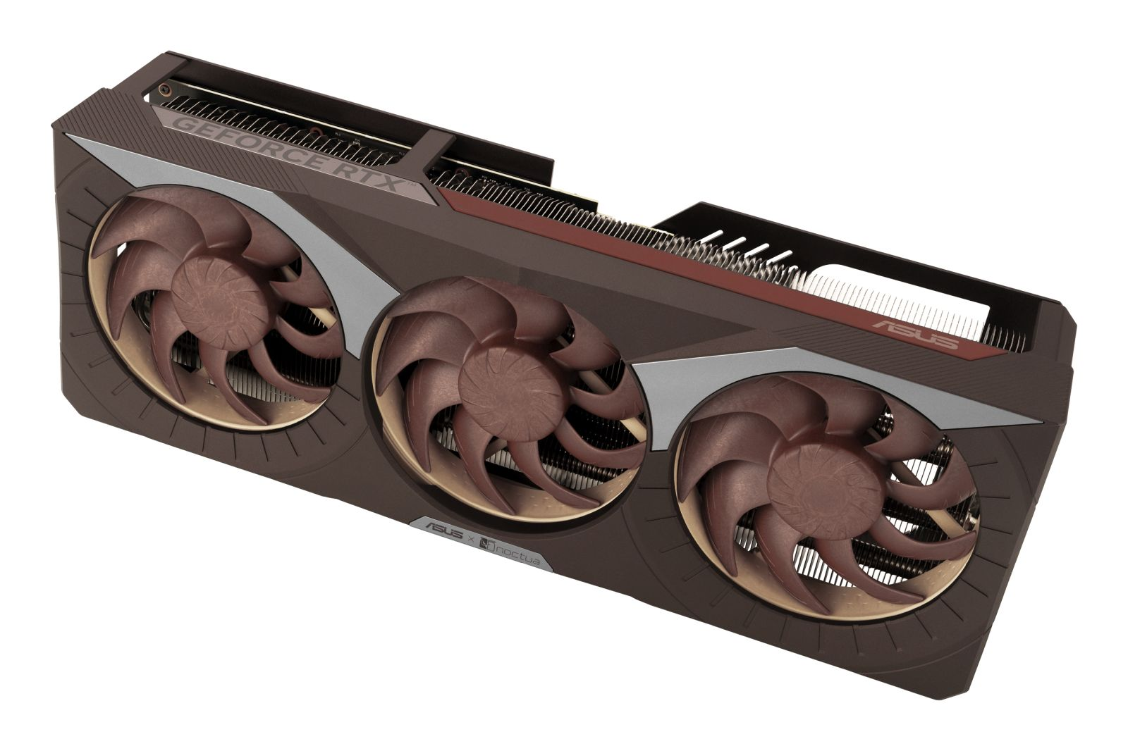 A brown and grey ASUS GeForce RTX graphics card with three fans. The card has silver accents and the ASUS logo.