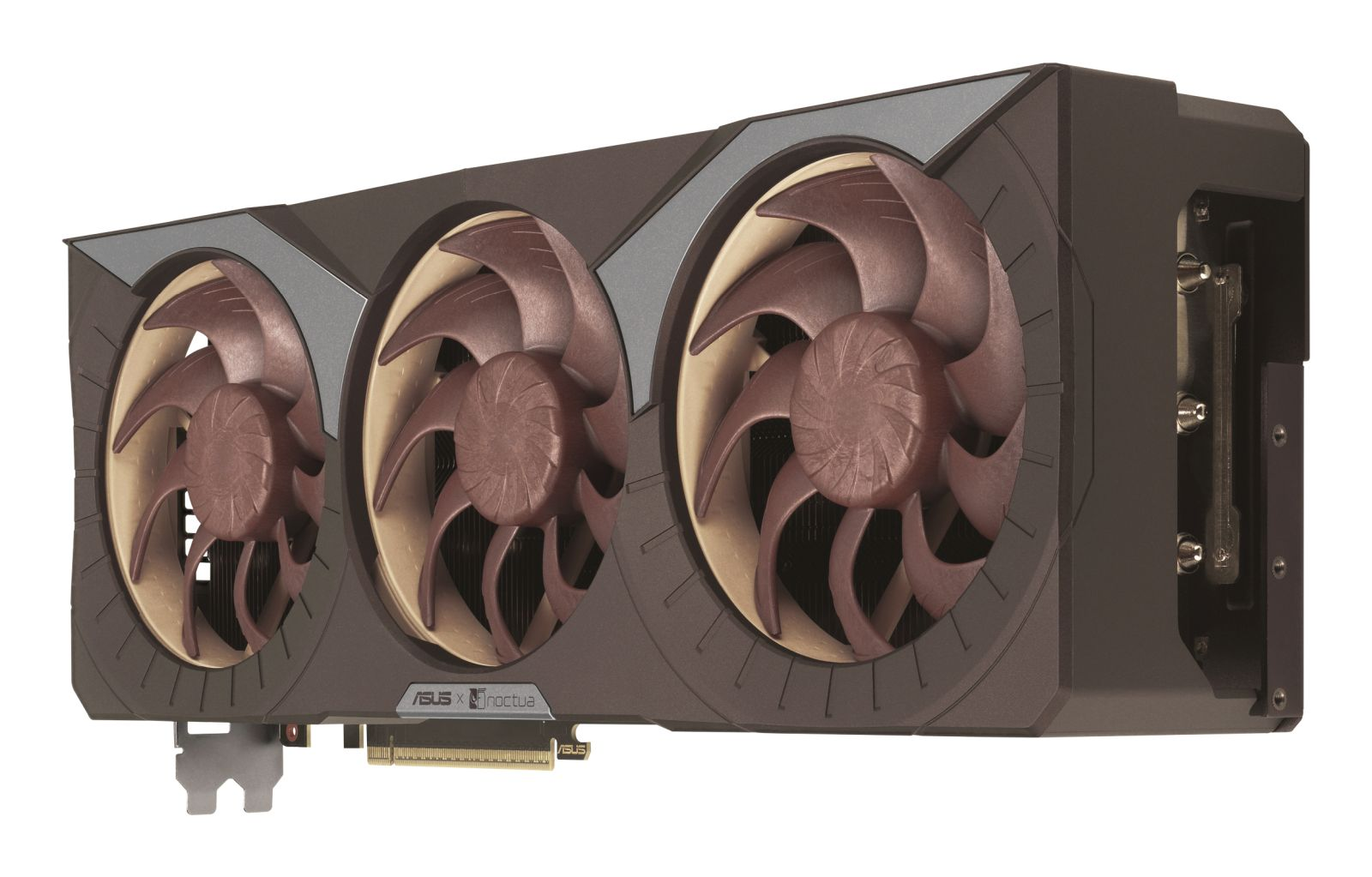 A brown and beige computer graphics card with three fans. The fans are circular with curved blades, and the card has a metal connector.