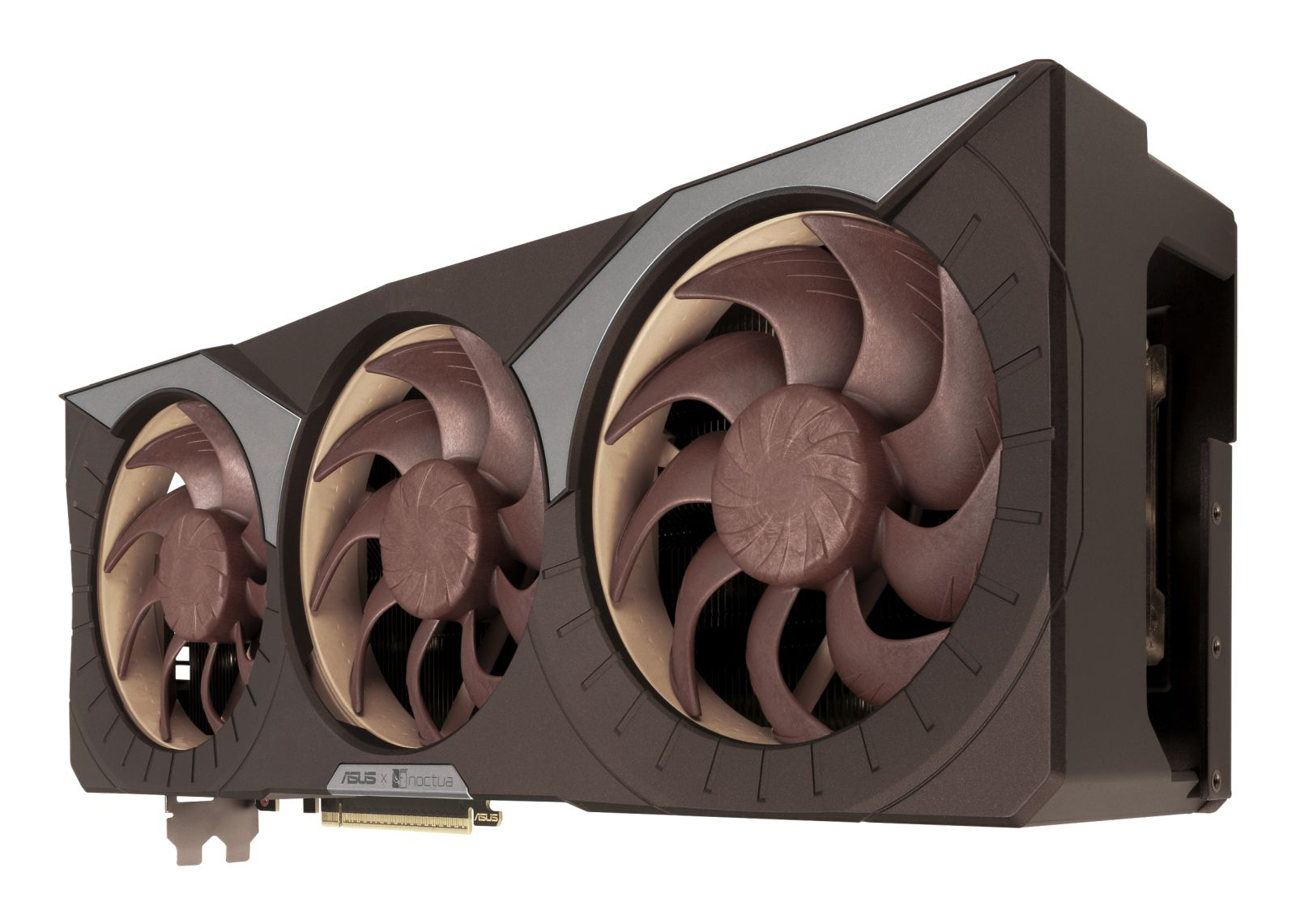 A graphics card featuring three large fans. The fans are brown and beige, set against a dark brown casing. The brand 'ASUS' is visible.