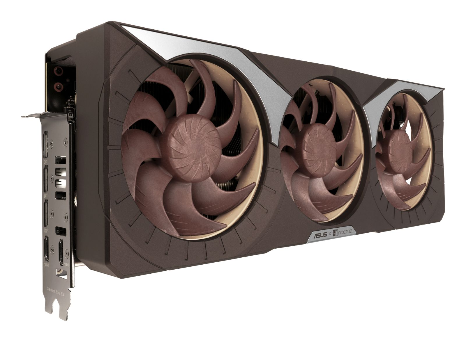 A graphics card with three brown fans, a black casing, and silver accents. Ports are visible on the left side. ASUS Noctua branding.