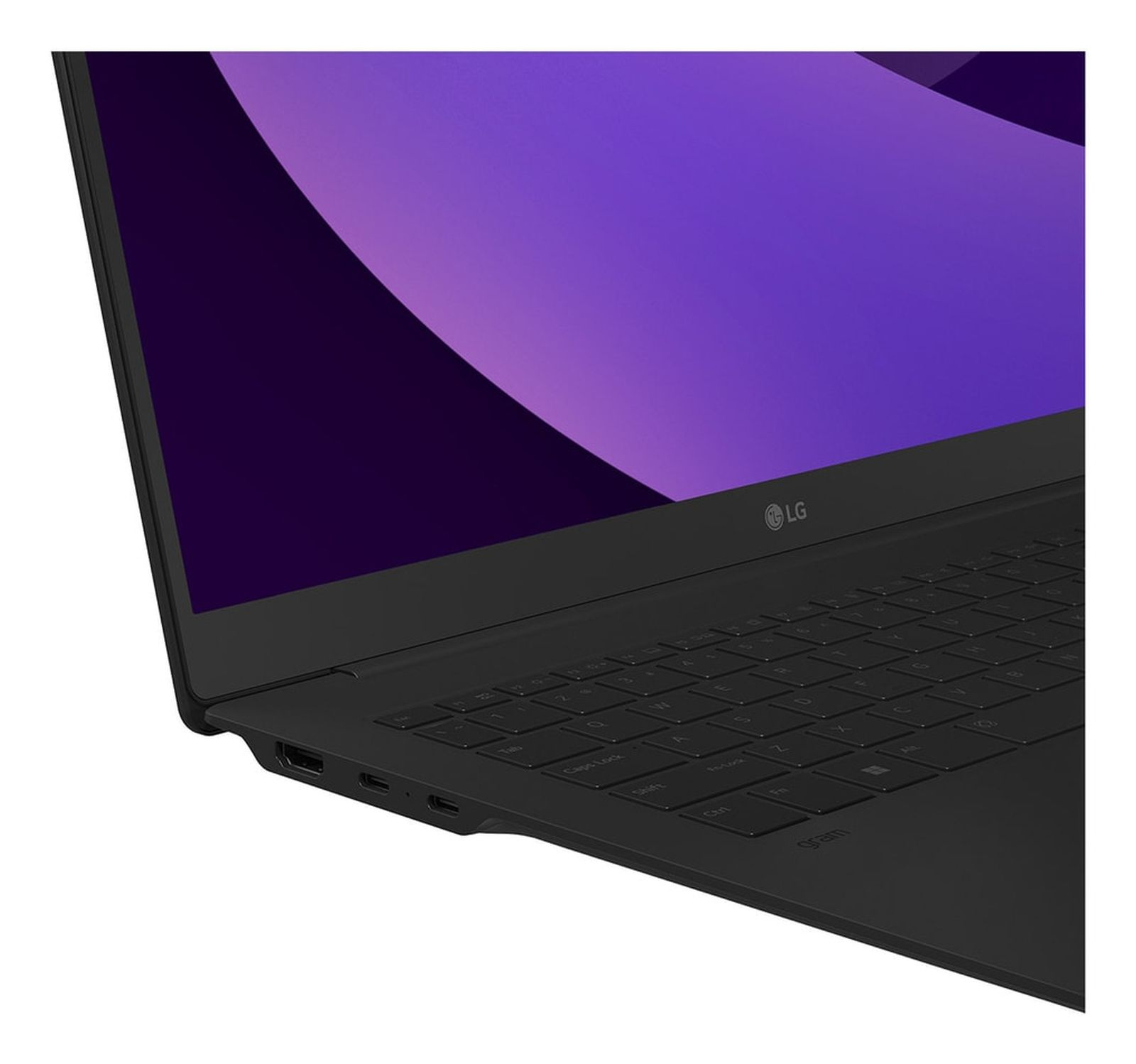 Ein schwarzer Laptop mit lila Bildschirm. Die Tastatur ist sichtbar. Das LG-Logo befindet sich oben rechts auf dem Bildschirm.