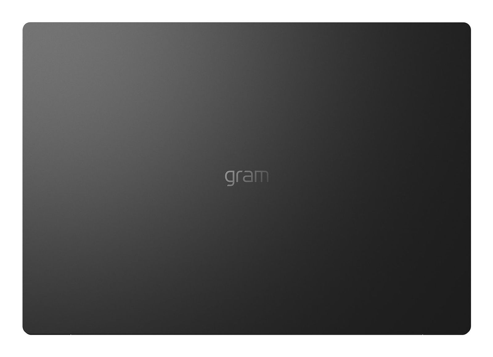 Ein geschlossener, dunkelgrauer Laptop mit dem Wort 'gram' mittig auf dem Deckel. Der Laptop ist rechteckig mit abgerundeten Ecken.