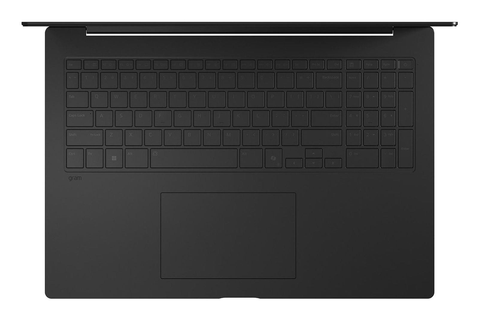 Draufsicht auf einen schwarzen Laptop. Die Tastatur ist sichtbar, darunter das Touchpad. Die Marke 'gram' links unten.