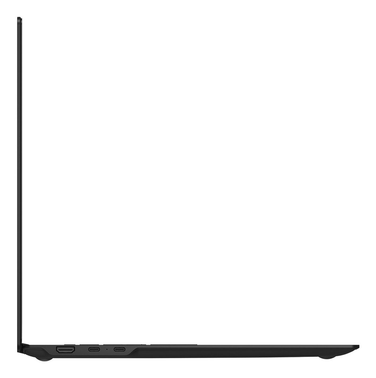 Seitenansicht eines schwarzen Laptops. Der Bildschirm ist geschlossen. Der Hintergrund ist weiß.