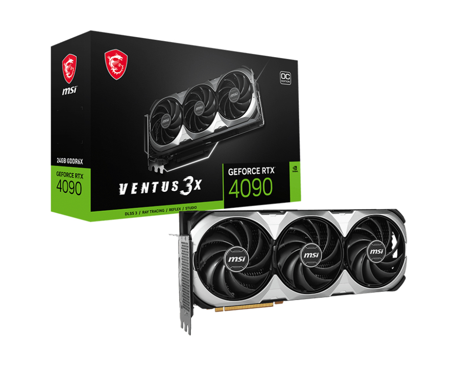Vengono mostrate una scatola di scheda grafica per computer e la scheda stessa. La scatola è nera e verde con i loghi MSI e GeForce RTX 4090.