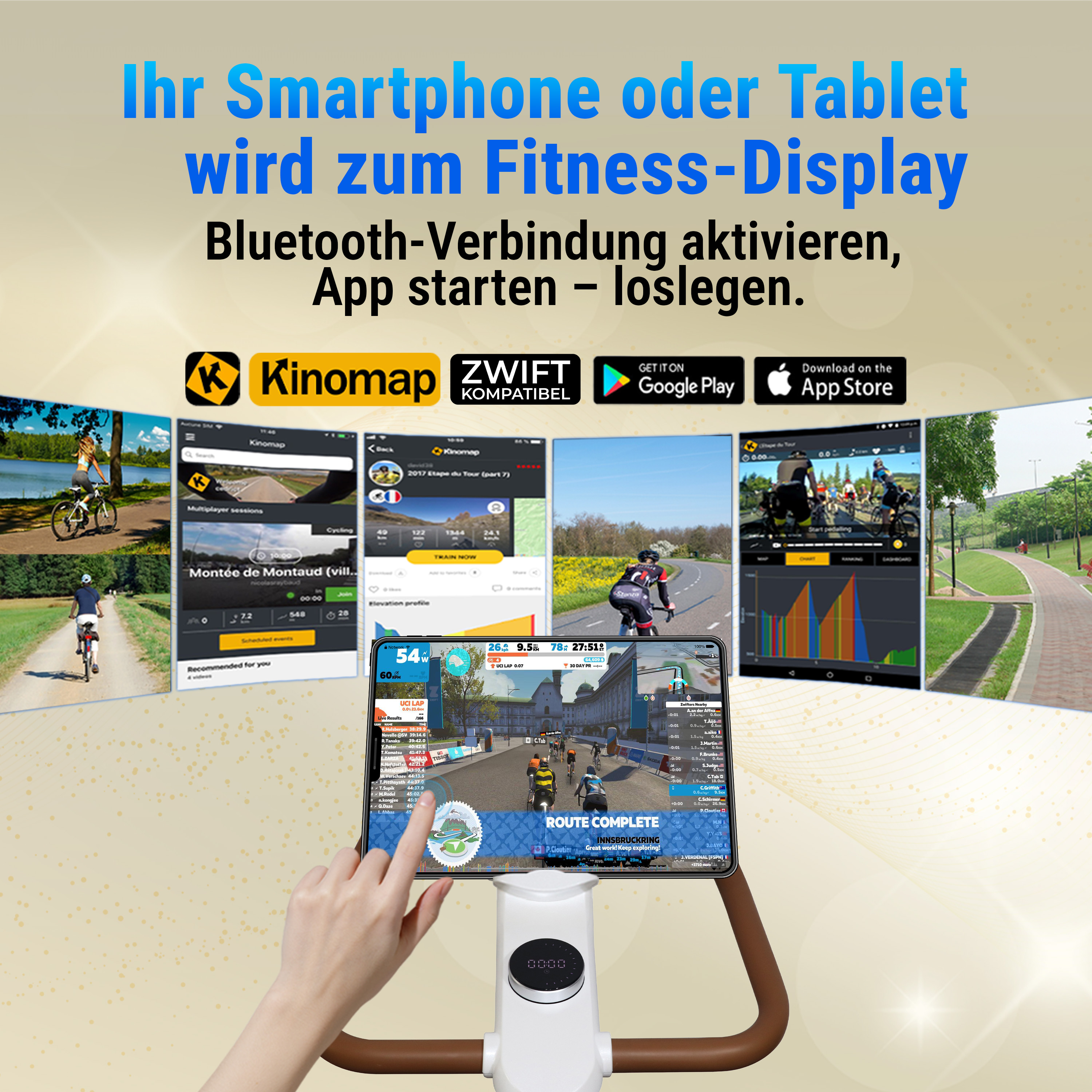 Das Bild zeigt ein Tablet auf einem stationären Fahrrad, das eine Radfahr-App-Oberfläche anzeigt.